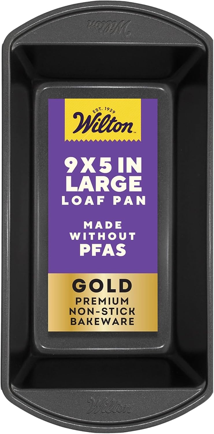 Wilton Gold Non-Stick Loaf Pan, Made Without PFAS, 9 x 5 in. | Non-Stick Steel with Scratch-Resistant Coating, Resists Warping & Extended Handles