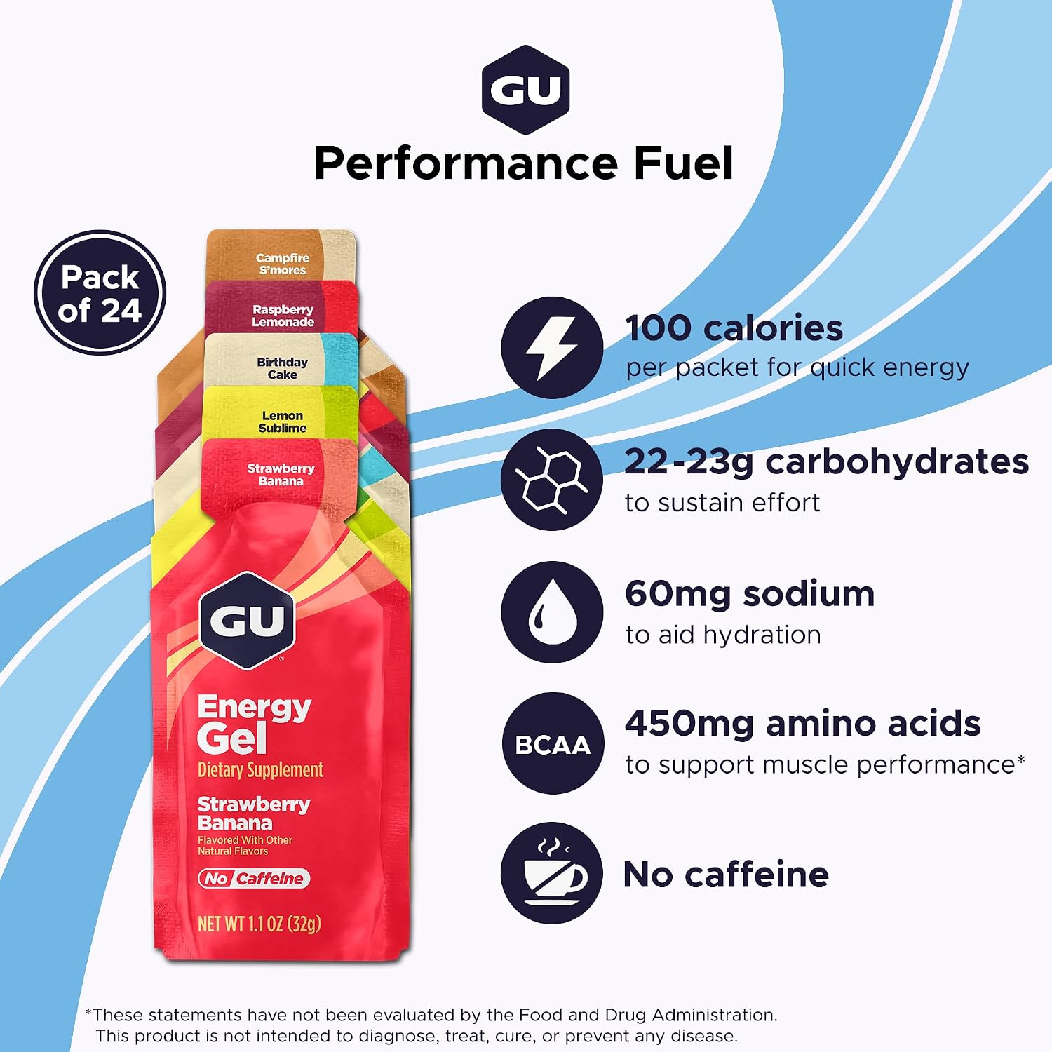 GU Energy Original Sports Nutrition Energy Gel, Vegan and Dairy-Free On-the-Go Energy for Any Workout, Vanilla Bean, 8-Count