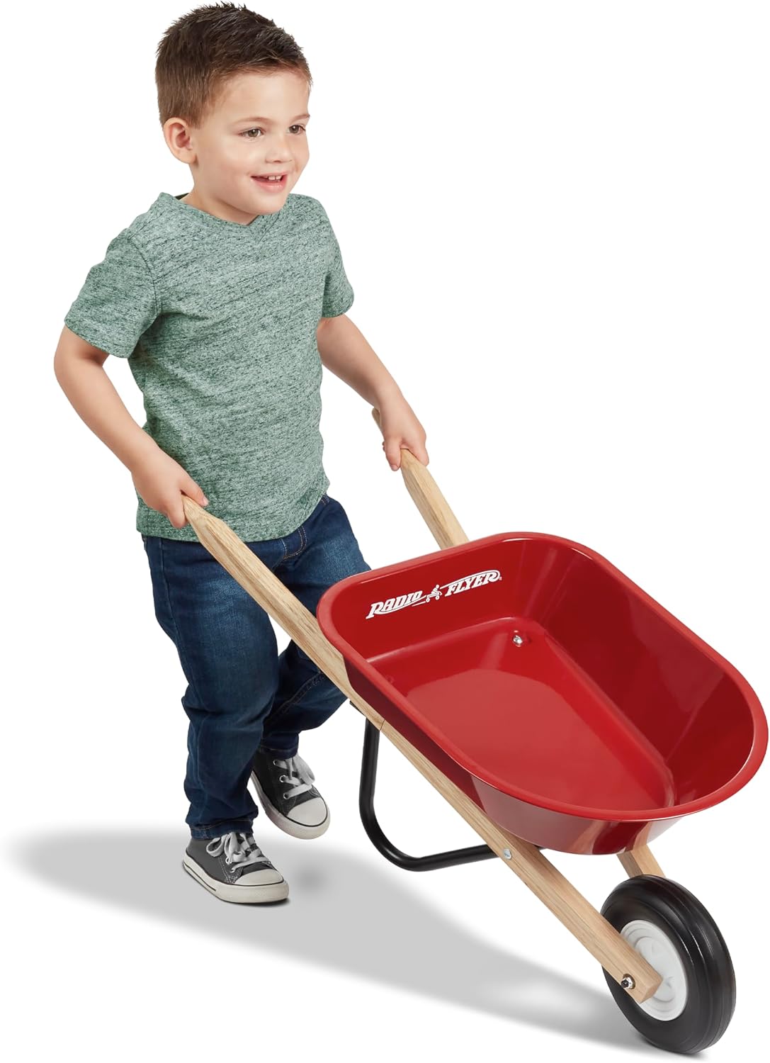 Radio Flyer Classic Kids Wheelbarrow, For Kids 3+, Seamless Steel Tray with No-Scratch Edges, Real Wooden Handles, Durable Front Wheel