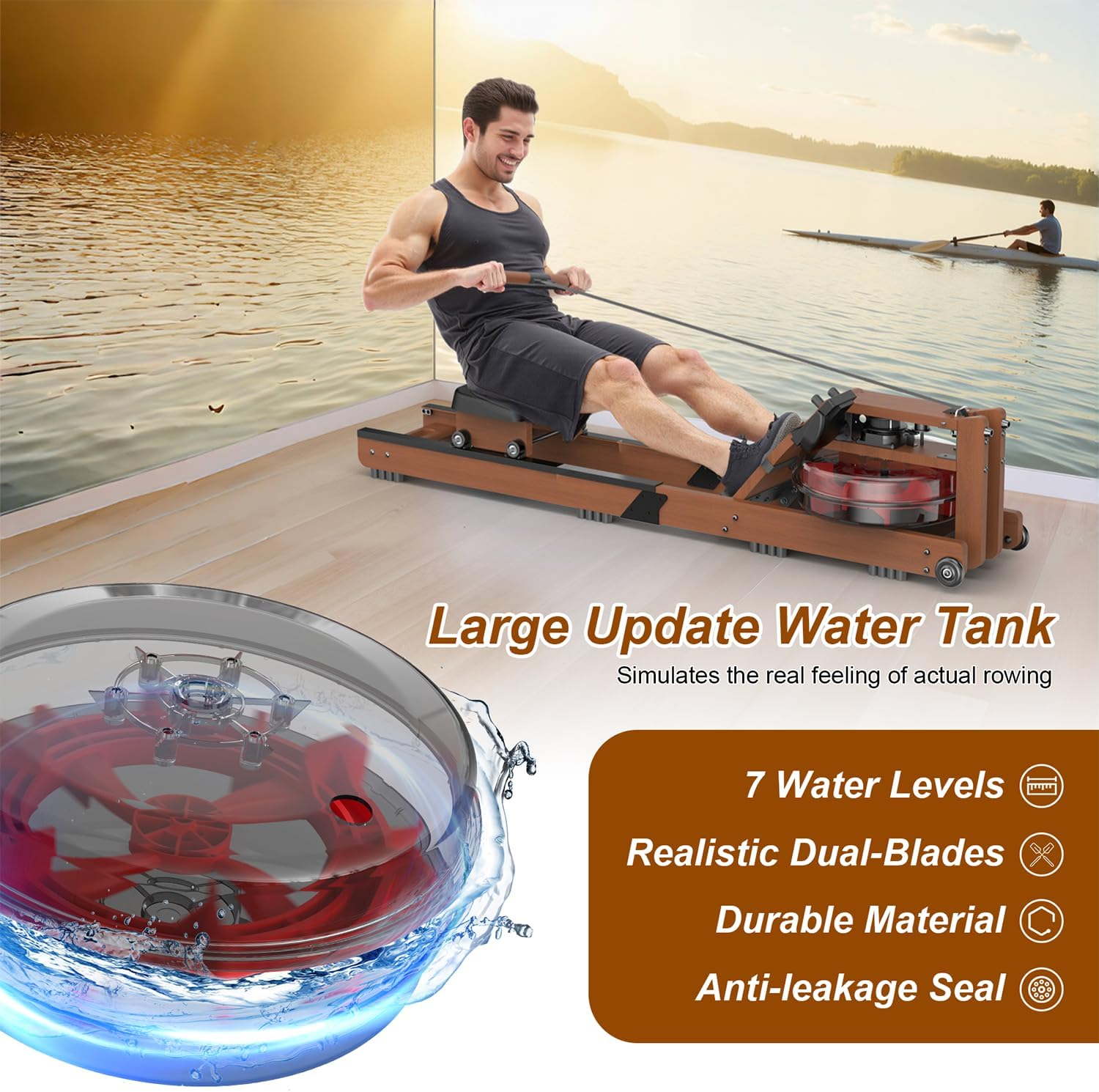 Water Rowing Machine for Home, Rower Machine 400LBS Weight Capacity with Dedicated Monitor & Comfortable Seat, Bluetooth APP