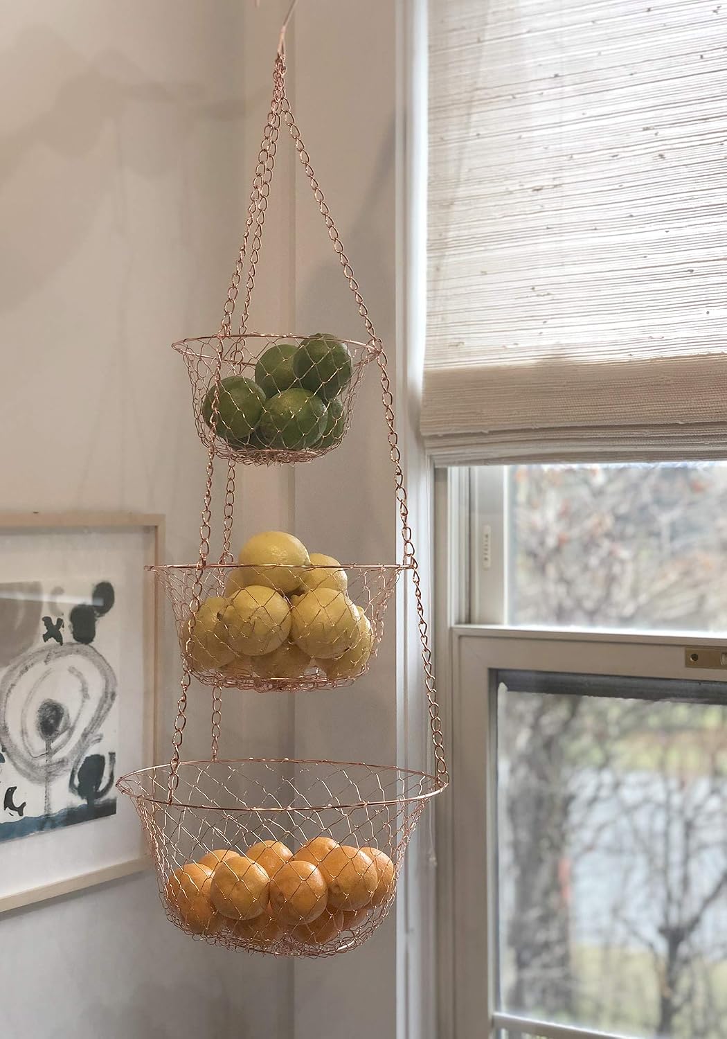 Fox Run 3-Tier Copper Kitchen Hanging Fruit Baskets For Kitchen, 32 Inches | Easily Store & Display Fruit & Vegetables | 3 Tiers Of Baskets For Organization | Beautiful Copper Hanging Kitchen Baskets