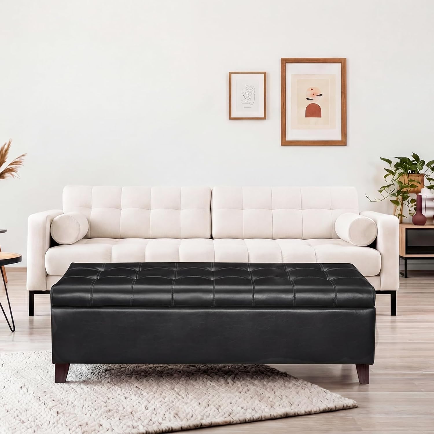 51 Inch Storage Bench,Leather Tufted Storage Ottoman with Legs | Safety Hinges,Wooden Legs,Upholstered,End of Bed,Bedroom,Living Room,Entryway,330LBS,Brown