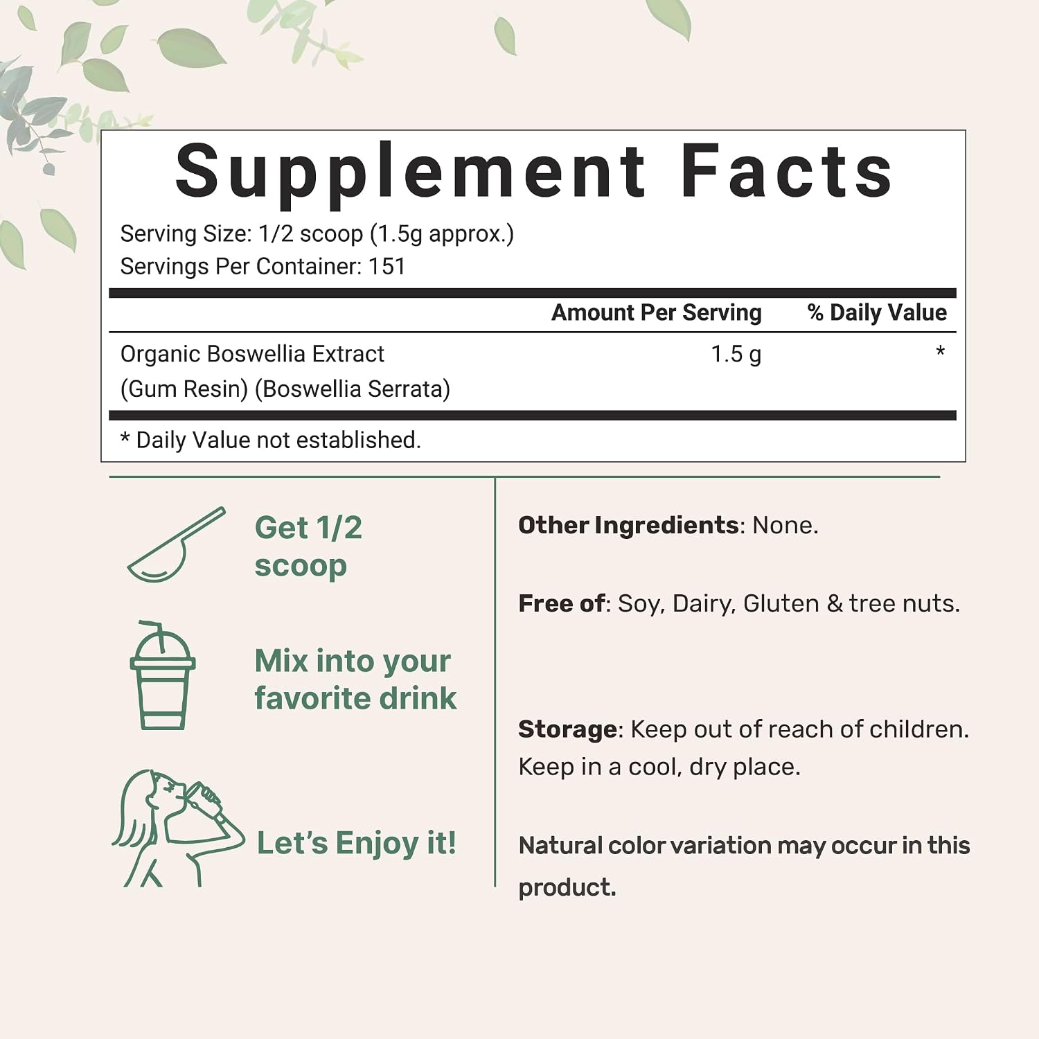 Organic Boswellia Serrata Extract Powder, 8 Ounce, Pure Boswellia Supplement with 65% Boswellic Acid, Supports Joints, Knees and Bones Health, Non-GMO