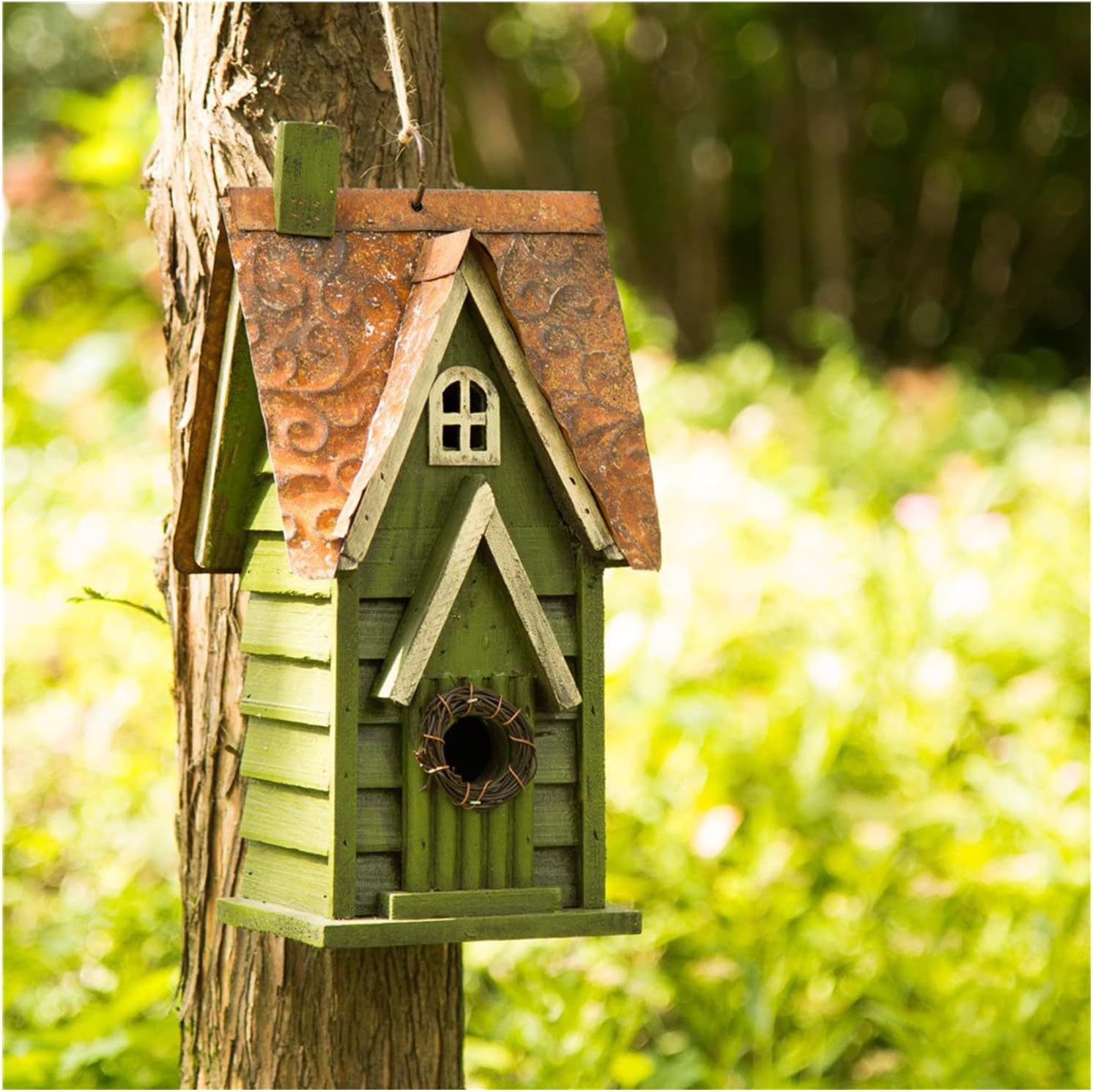 Glitzhome 12" H Green Hanging Distressed Solid Wood Garden Bird House Decorative Birdhouse