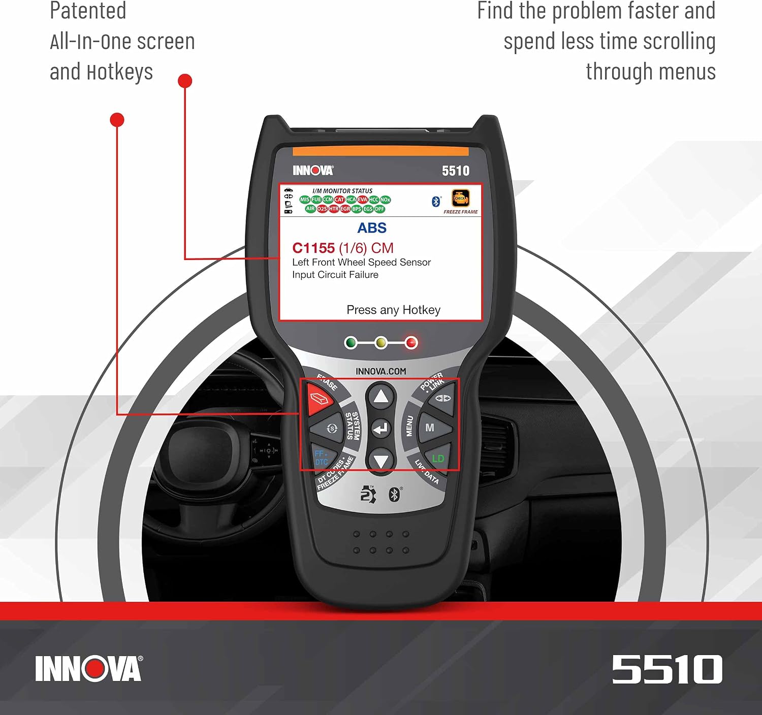 INNOVA 5510 OBD2 Scanner, Scan Tool for ABS, All System Scanner, Caliper Service, Brake Pad Life, Read/Erase ABS/SRS Codes, Reset Oil Light, Live Data