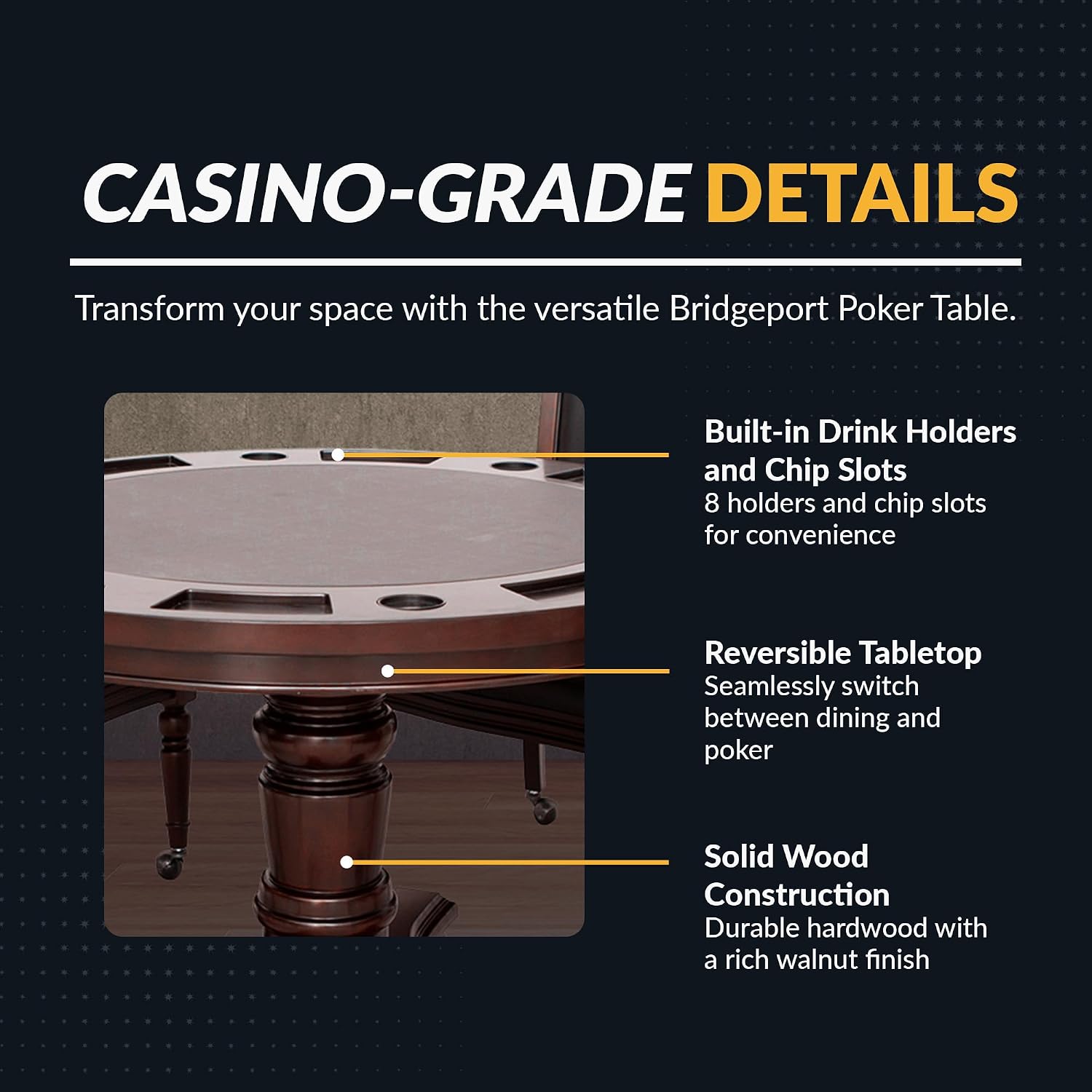 Hathaway Bridgeport 2 in 1 Round Poker Table and Chairs Set for Dining & Game Rooms – Furniture Grade Hardwood, Sturdy Pedestal Legs, Drink Holders
