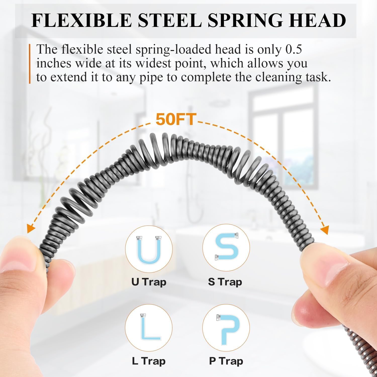 50 FT Drain Auger/Snake with Auto-Feed, Heavy Duty Plumbing Snake | Drill-Compatible Sewer Snake Tool & Flexible Steel Cable