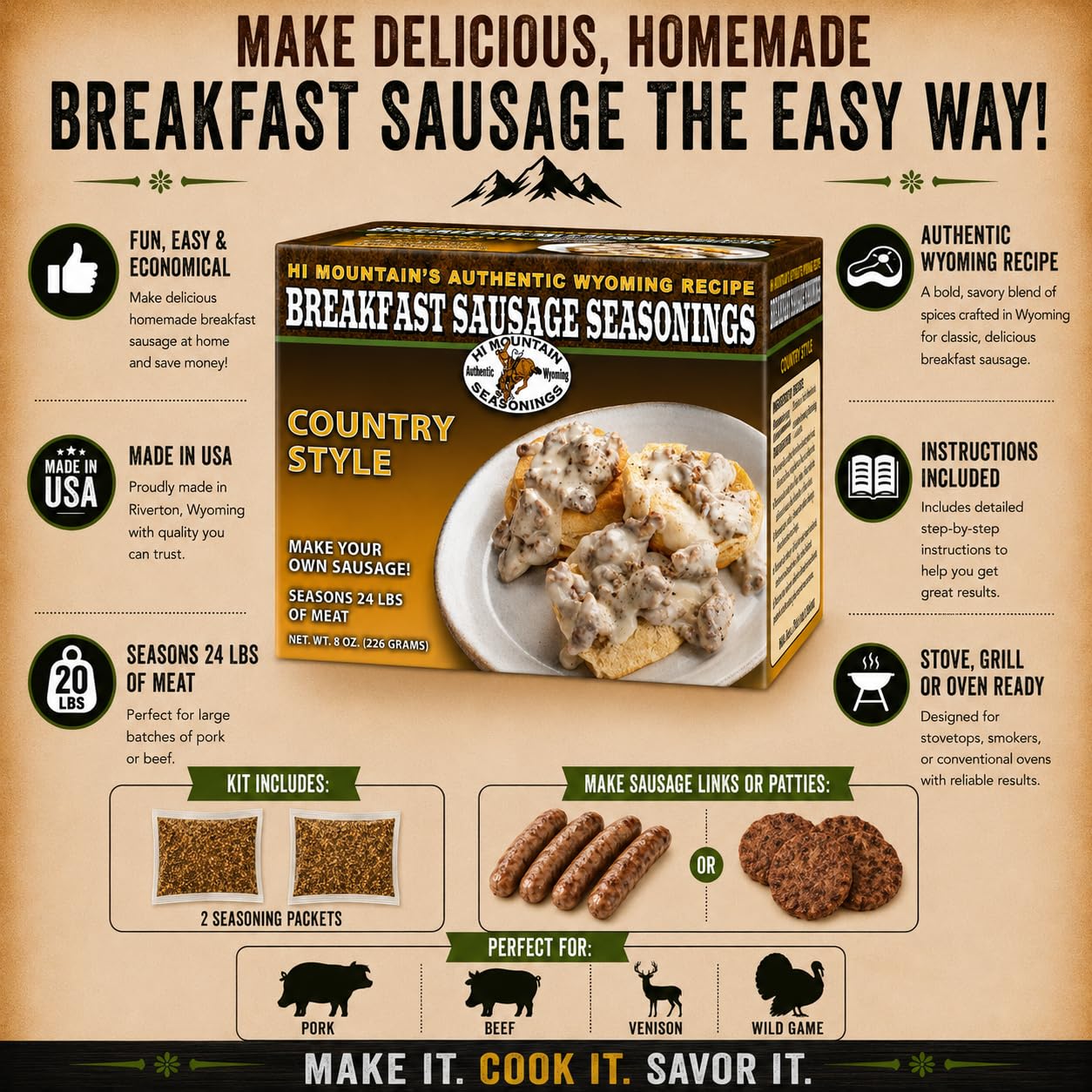 Hi Mountain Breakfast Sausage Seasoning | ORIGINAL MOUNTAIN MAN | 24 lbs | Hearty Old West mix for homemade pork, venison, deer, elk & wild game sausage patties or breakfast sausage links