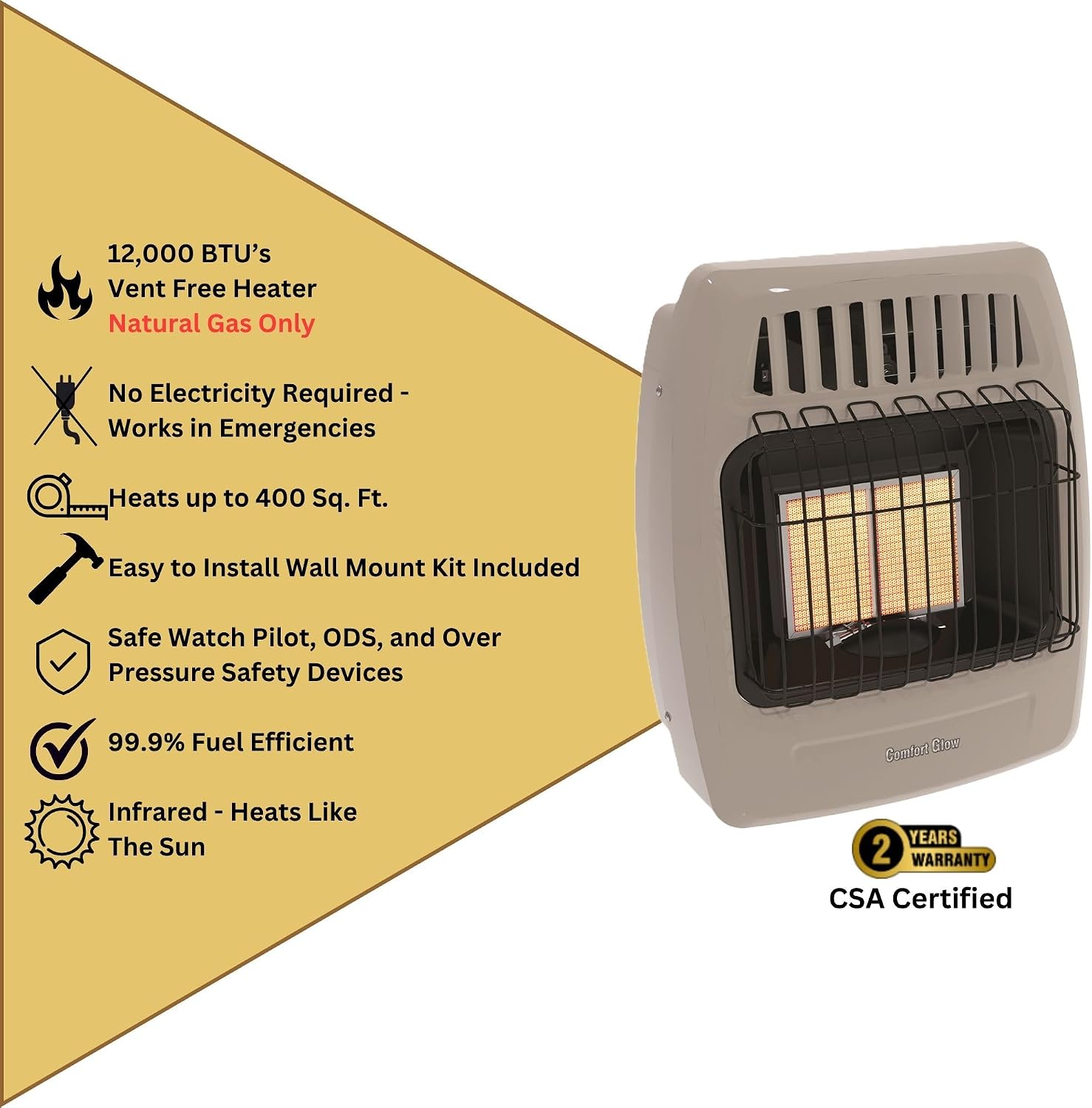 WORLD MKTG OF AMERICA/IMPORT KWN211 2 Plaque 12000 BTU Gas Wall Heater | 2 Plaque, Infrared Radiant Gas Heater for Indoor Use, Heats up to 400 sq ft