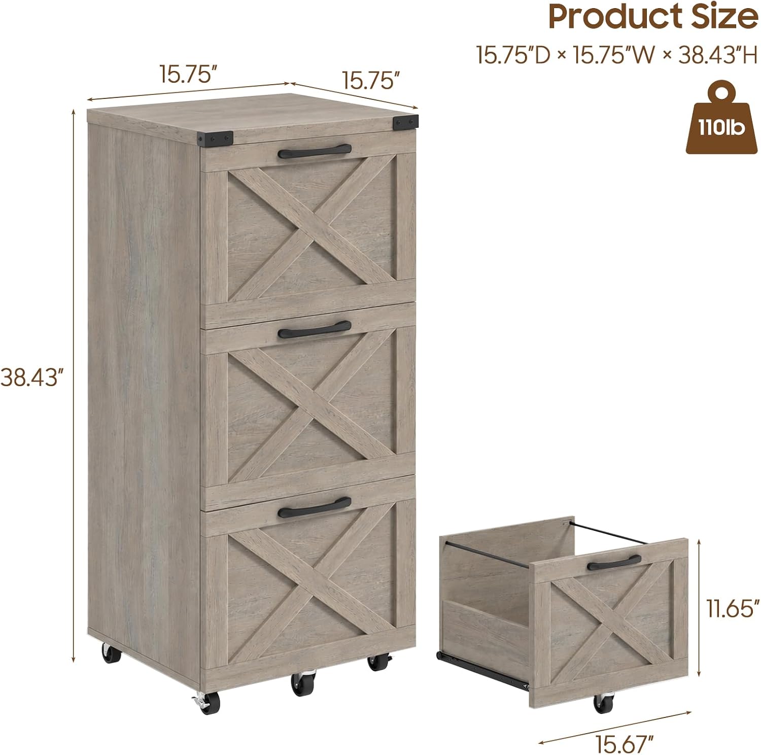3 Drawers Tall Farmhouse File Cabinet with Wheels for Home Office, Black | Halitaa Vertical Filing Cabinet Fits Letter/A4 Size, Rolling File Cabinet Wooden Printer Stand for Home Office