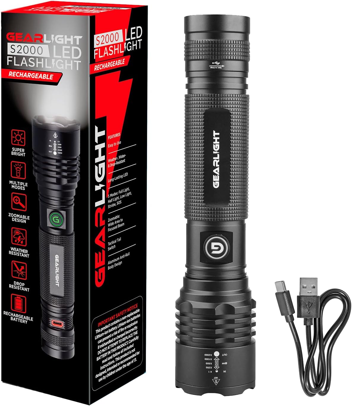 GearLight High-Powered LED Flashlight S1200 - Mid Size, Zoomable, Water Resistant, Handheld Light - High Lumen Camping, Outdoor, Emergency Flashlights - S1200-1 Pack, (Batteries Not Included)