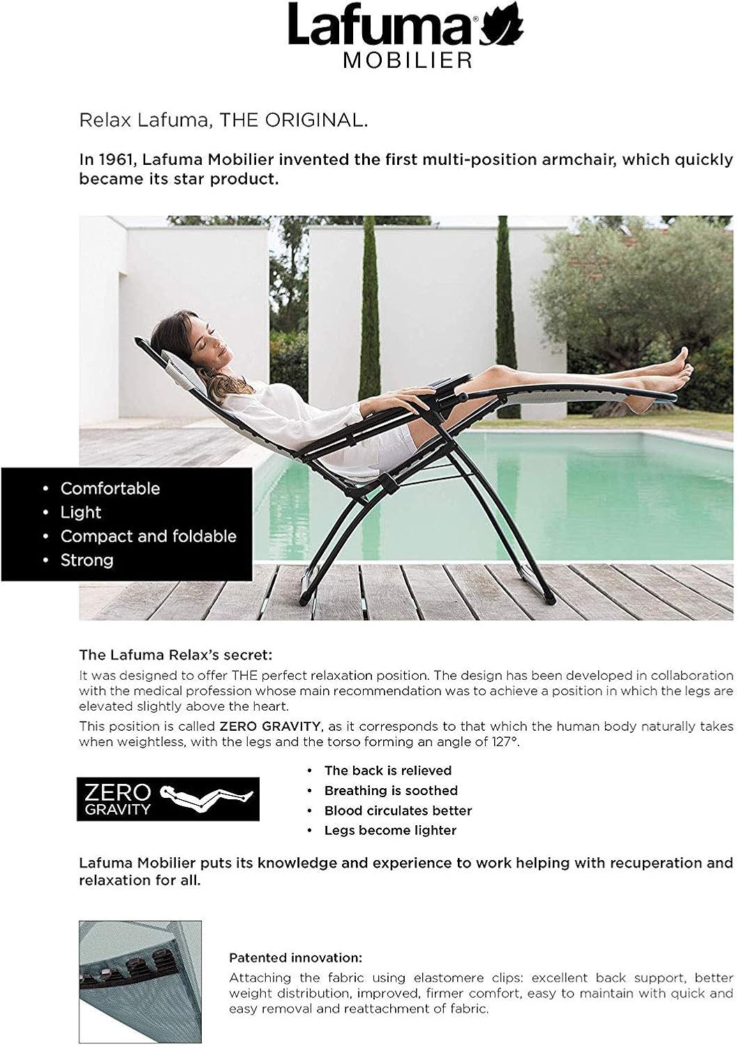 Lafuma Futura Series Patio and Poolside Zero Gravity Outdoor Lounge Recliner Chair with Adjustable and Removable Headrest, Moss Green
