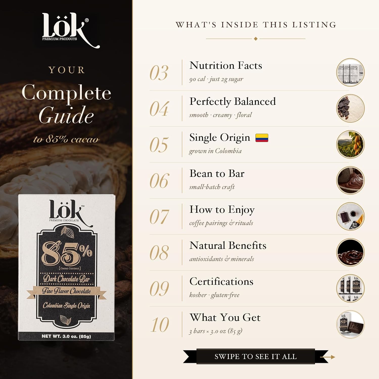 Lök Foods Dark Chocolate Bar 100% Cacao | Fair Trade, Kosher, Gluten Free, Vegan, Bean-to-Bar, Sugar-Free, No Sugar Alcohol, No Artificial Sweetener