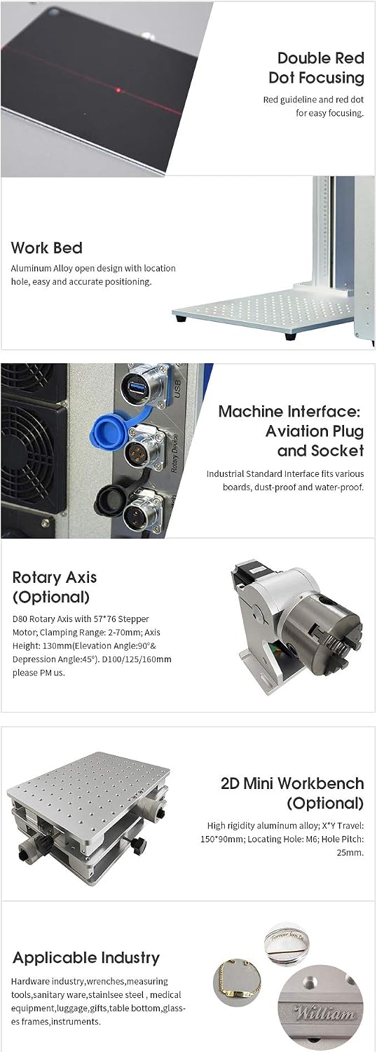 100W Fiber Laser Marking Machine for Metal Engraving Machine 100W 300×300mm with 80mm Rotary Device JPT MOPA Fiber Laser Engraver Rotary Class 1