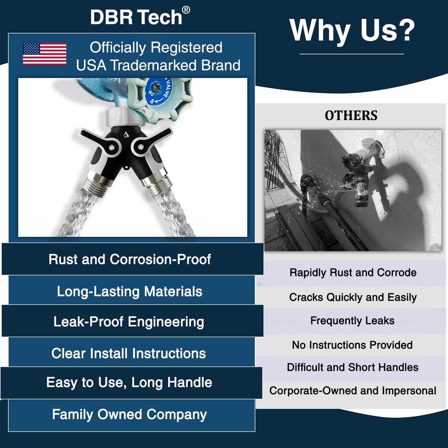 DBR Tech® Hose Splitter 2 Way, Heavy Duty Metal Connector, Two Way Garden Hose Splitter, High Flow Spigot Faucet Bib Adapter