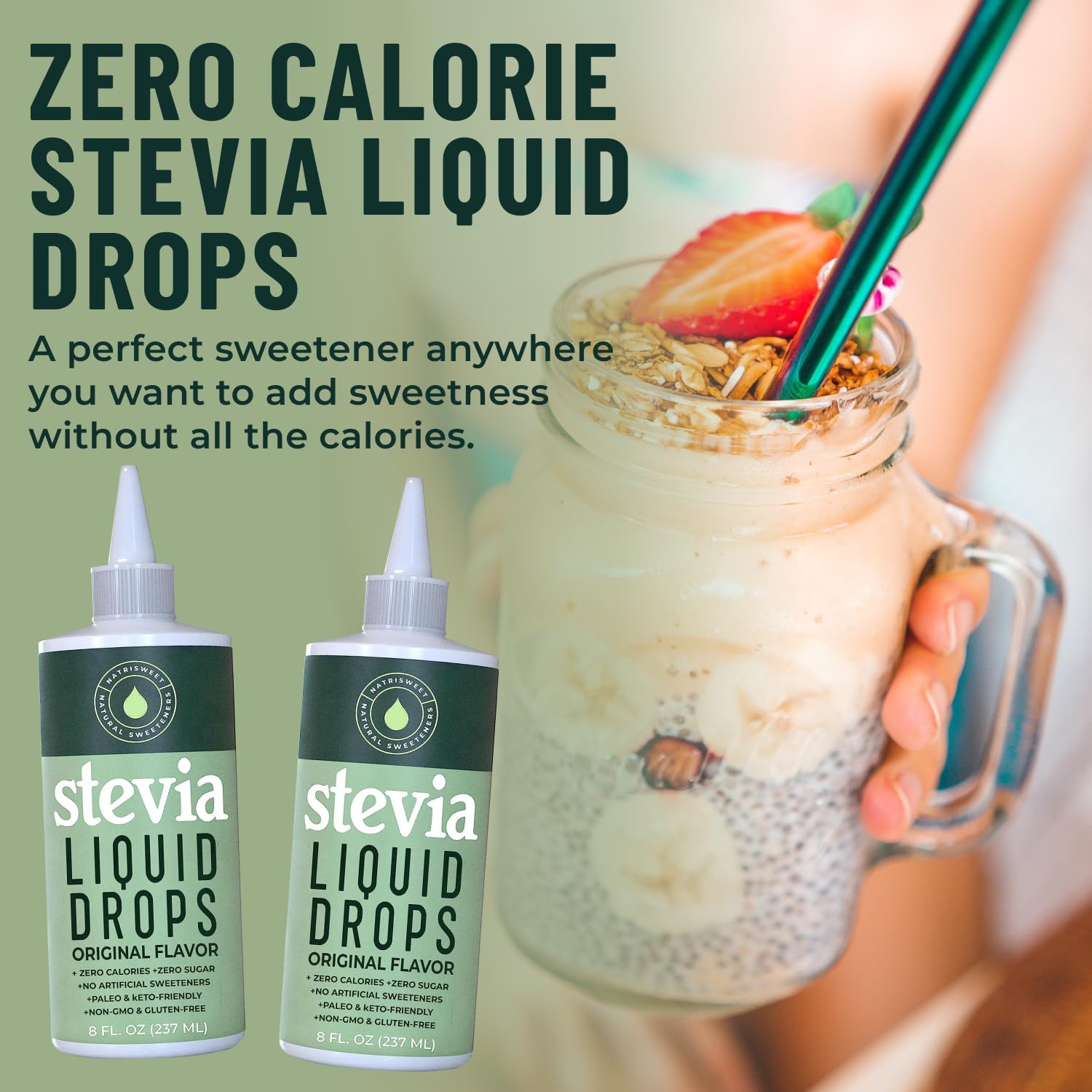Stevia Liquid Drops, 8 Fl oz, 1823 servings, Pure Concentrated Drops with Zero Calories & Zero Carbs