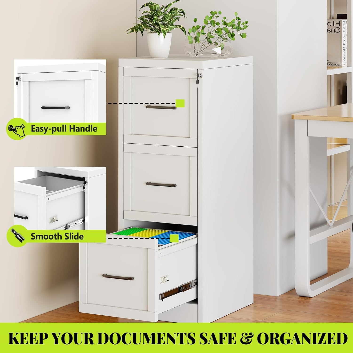 3 Drawer File Cabinet, Office Mobile Filing Cabinet, Printer Stand | All-in-One Office Storage, 3 Storage Drawers, 2 Adjustable Shelves, Lockable Cabinet, 4 Casters, 46.5-Inch Top
