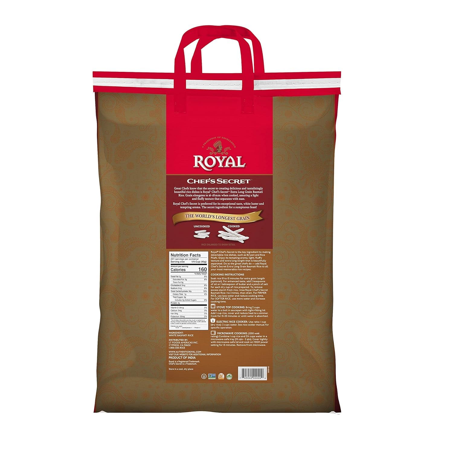 Royal Chef's Secret Basmati White Rice - 10 lb Bag | Premium Extra Long Grain Rice - Perfect for Biryanis, Pilafs, Pulao & Curries - Cook in Microwave or on Stove Top