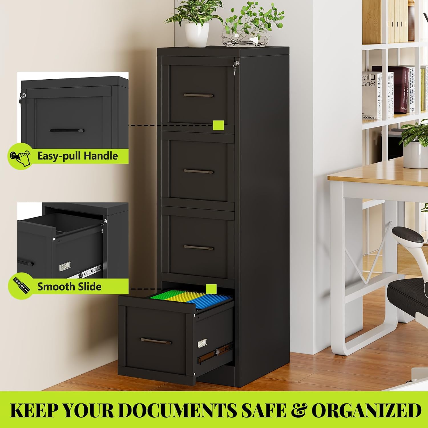 3 Drawer File Cabinet, Office Mobile Filing Cabinet, Printer Stand | All-in-One Office Storage, 3 Storage Drawers, 2 Adjustable Shelves, Lockable Cabinet, 4 Casters, 46.5-Inch Top