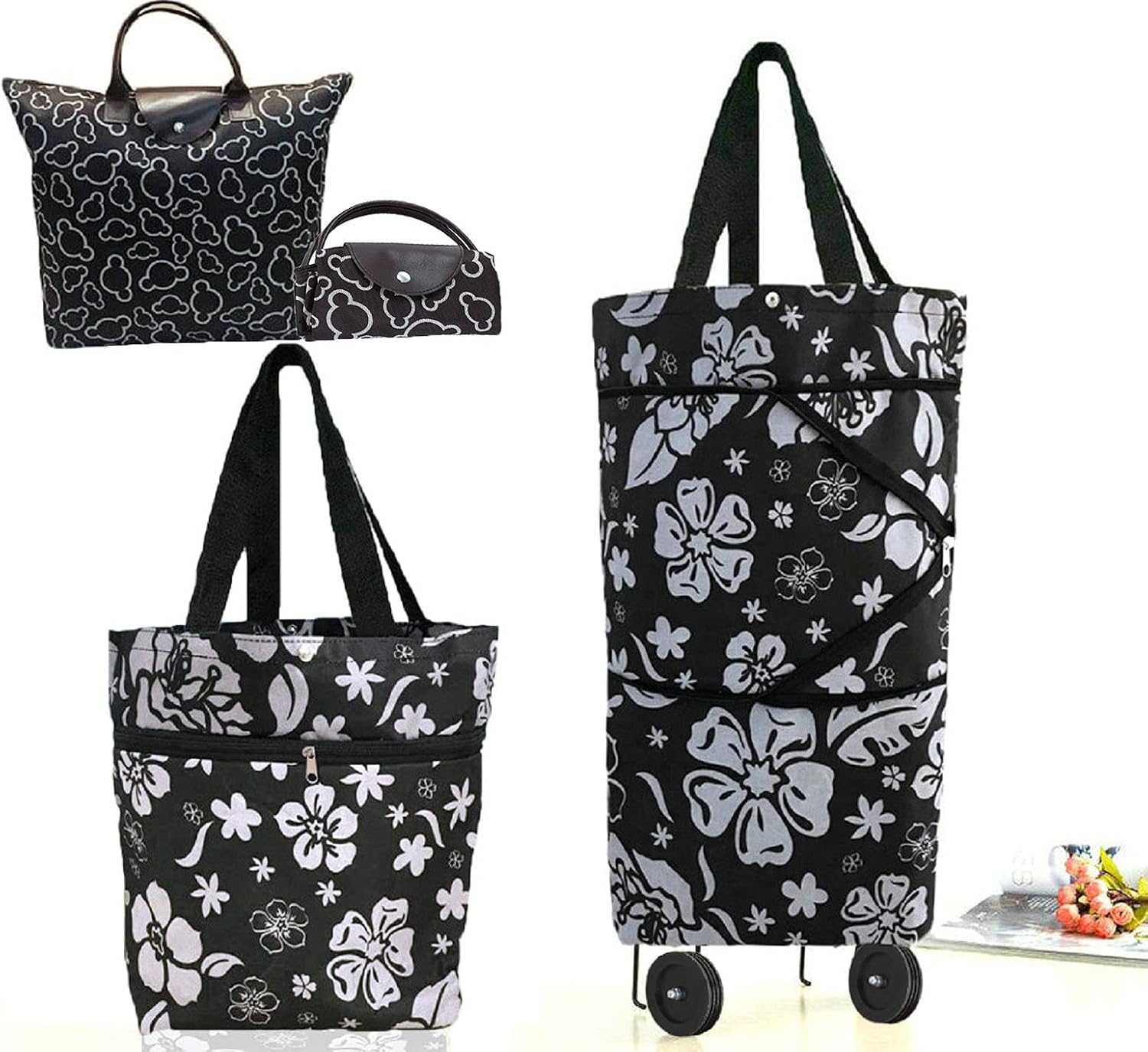 Collapsible Shopping Bag with Wheels Portable Shopping Cart with 360° Swivel Wheels Rolling Tote Bag Reusable Grocery Bag Trolley Bag on Wheels for Travel Shopping and Daily Use(Blue)