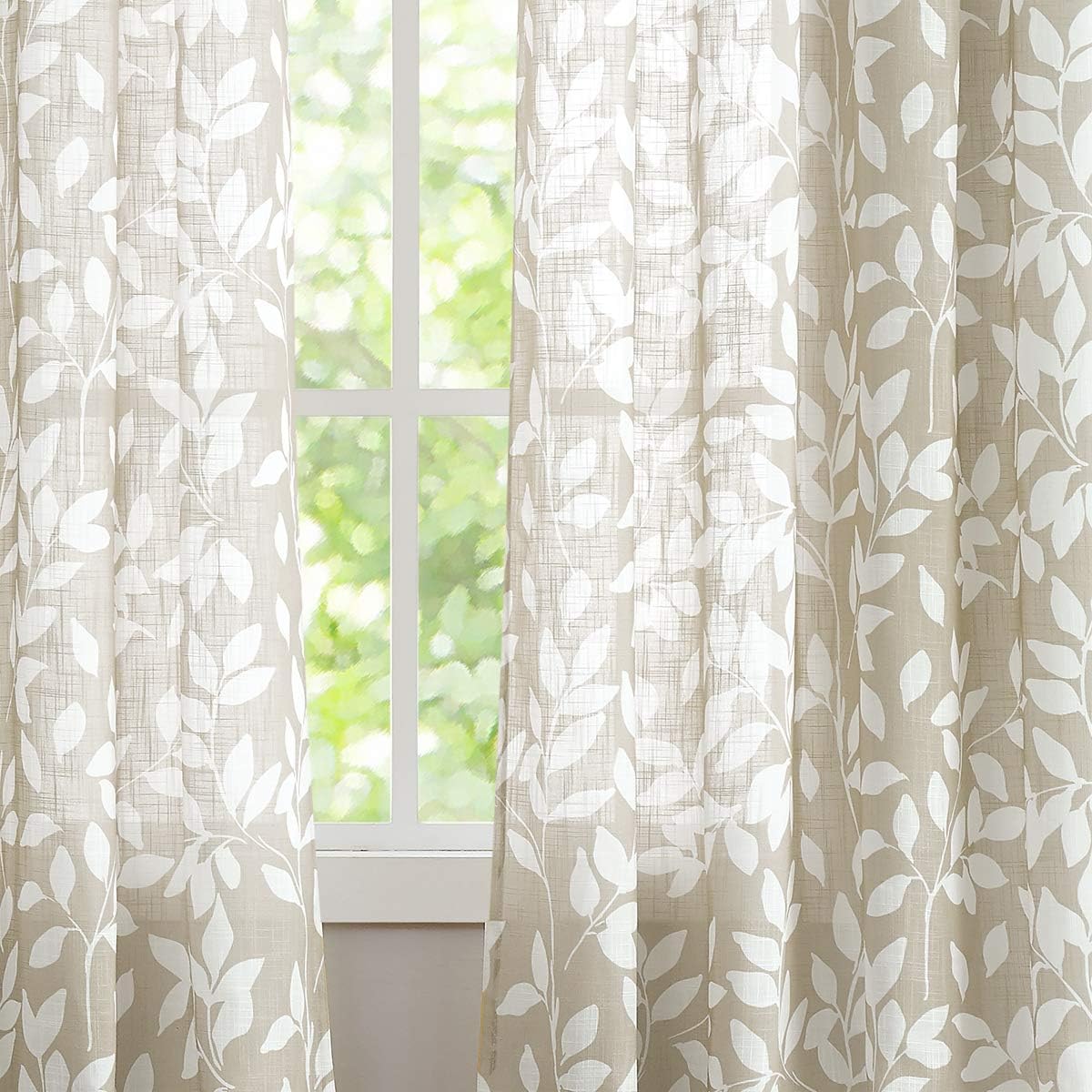 Leaf Semi Sheer Curtains for Bedroom Living Room 52x72" Taupe White Print 2