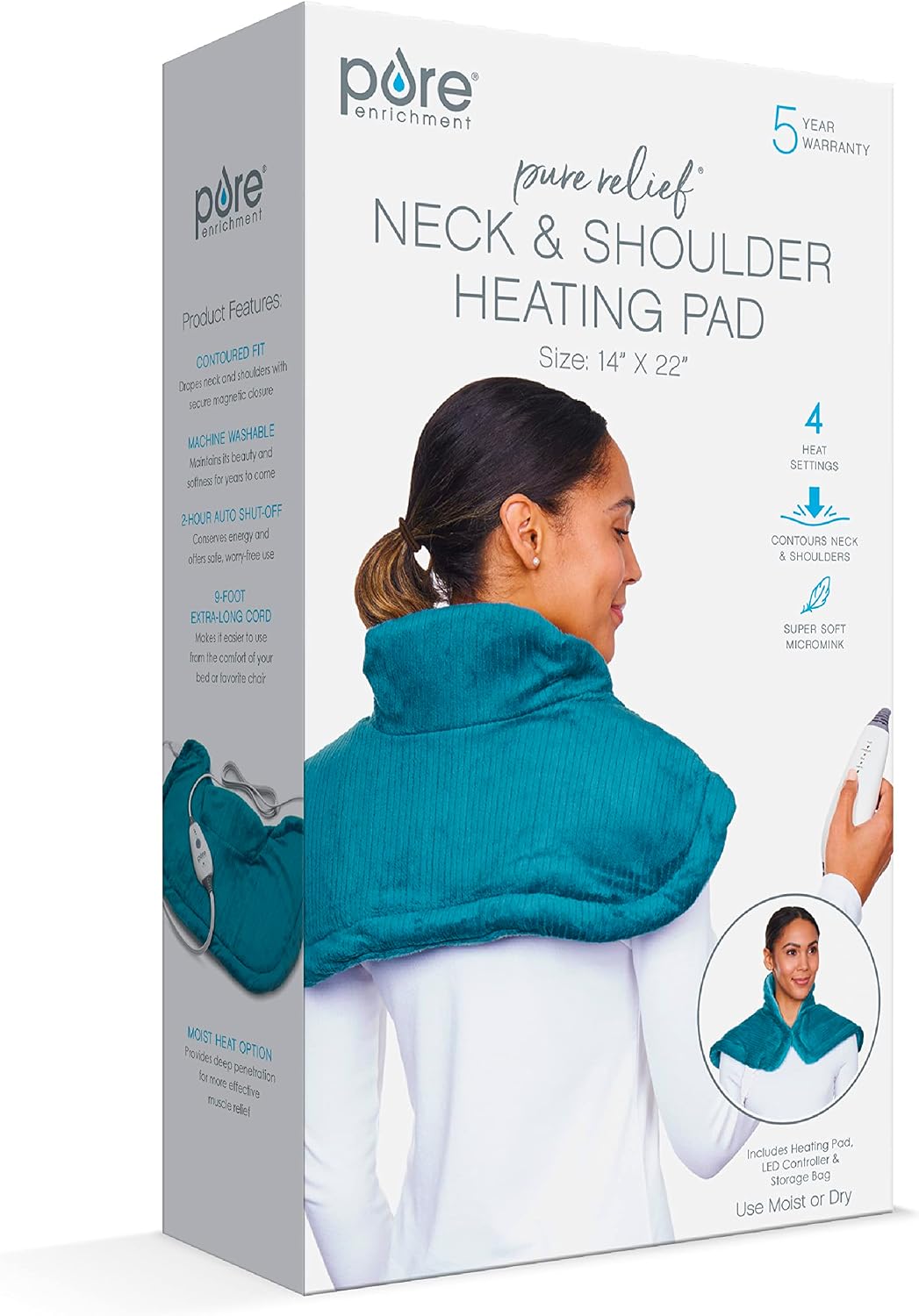 Pure Enrichment PureRelief Neck & Shoulder Heating Pad - 4 Heat Settings, Auto Shut-Off, Universal Fit, Magnet Closure, Soft Micromink, Storage Bag, 5-Year Warranty, Machine Wash (Turquoise Blue)
