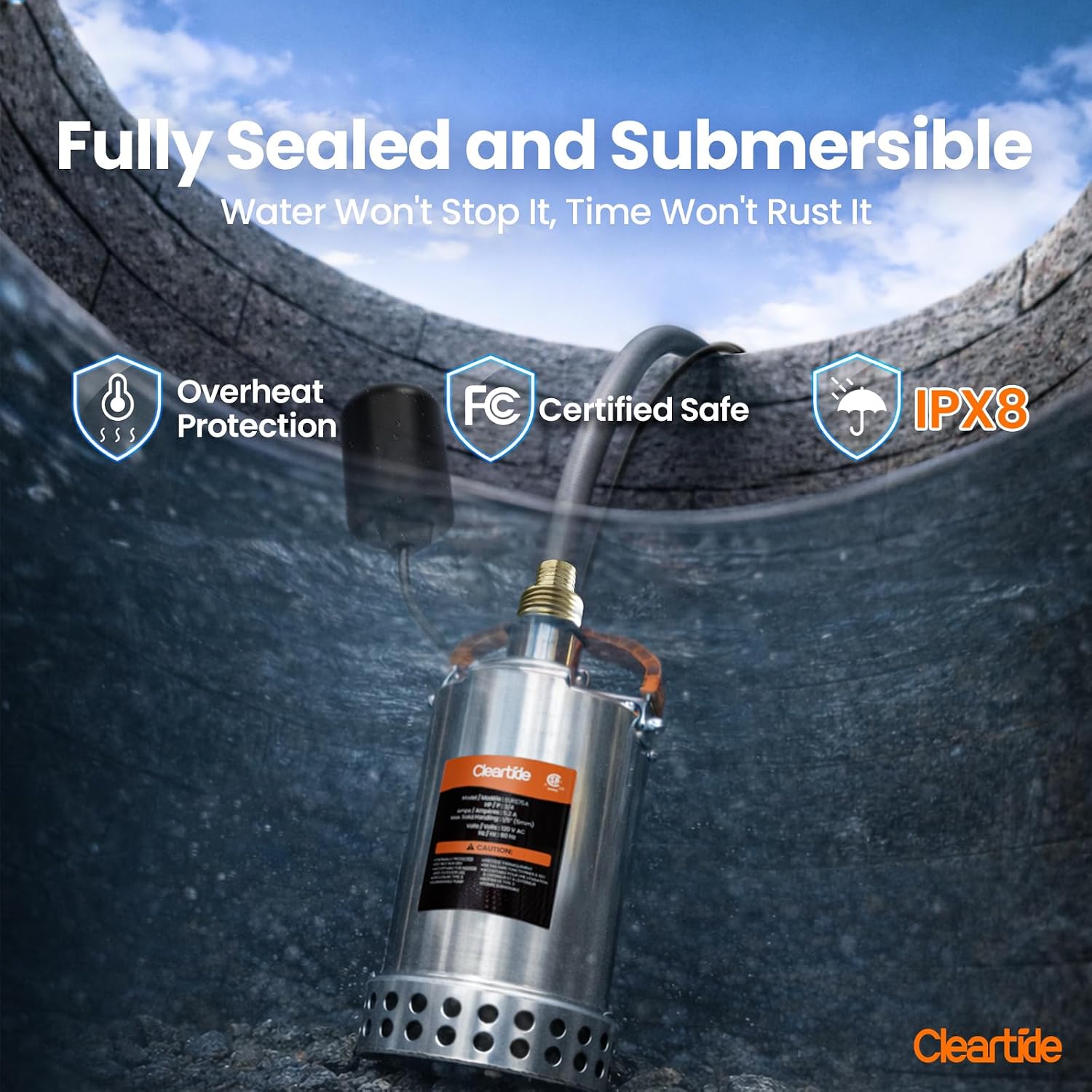 Stainless Steel Submersible Utility Water Pump, 3/4 HP 3780 GPH, Thermoplastic Portable Plug & Work, Ideal for Pool, Flooded Basement, Hot Tub, Pond & Garden Draining, 10 FT Cord