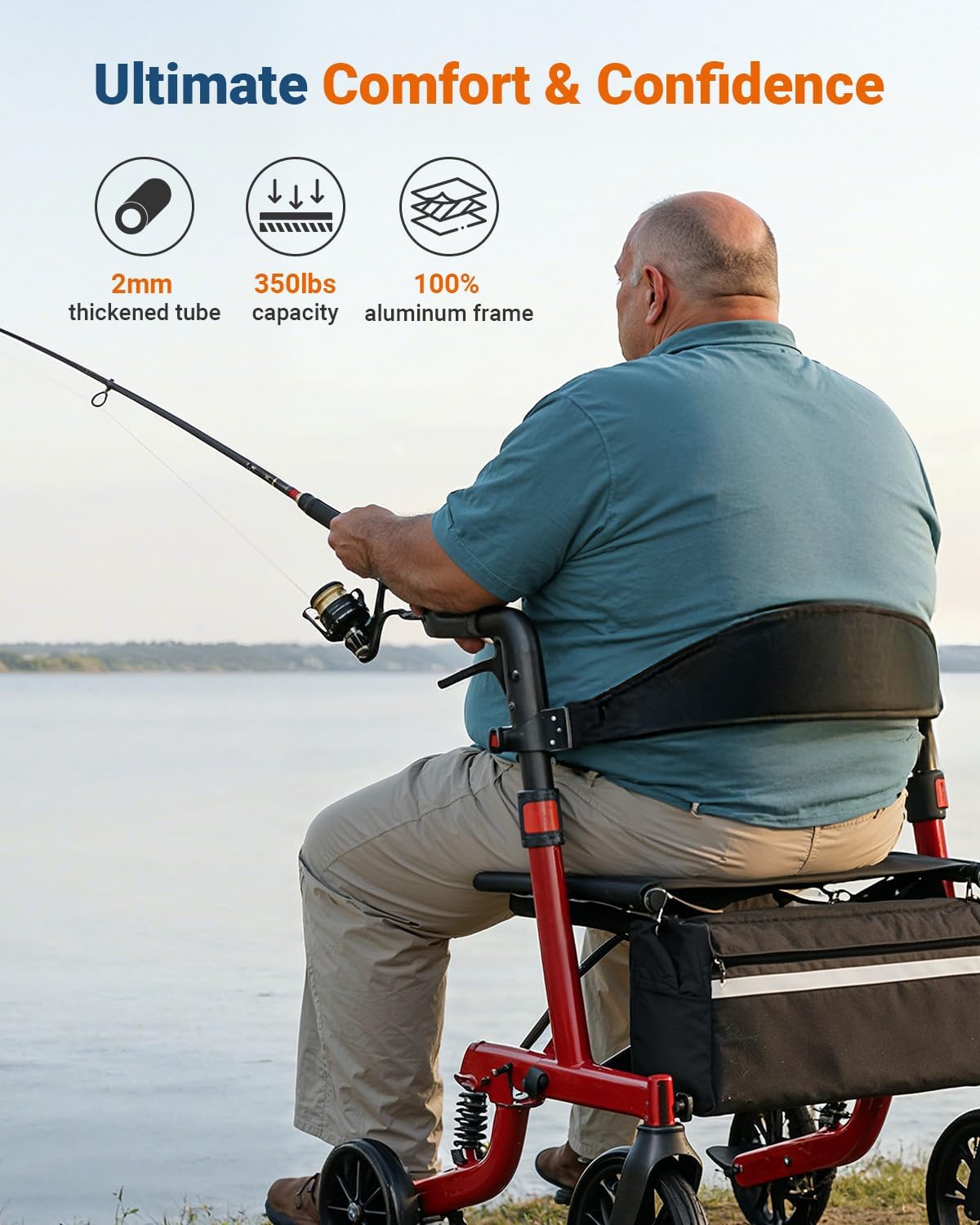 Foldable Rollator Walkers with Seat for Seniors, All Terrain Outdoor（Red | Patented Shock-Absorbing,Tool-Free Adjustment,350 lbs Capacity, 10″ Solid Wheels,16.3lbs Lightweight, Fit 61"-74" Tall User