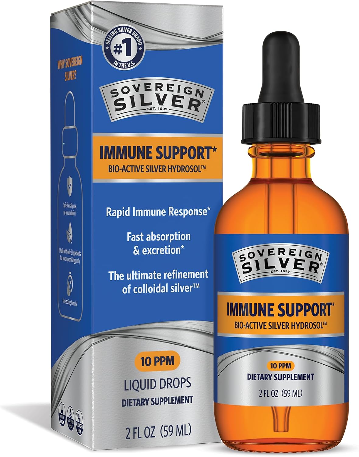 Sovereign Silver Immune Support, Colloidal Silver, 4 fl oz (118 mL) | Bio-Active Silver Hydrosol, 10 ppm, Liquid Dropper