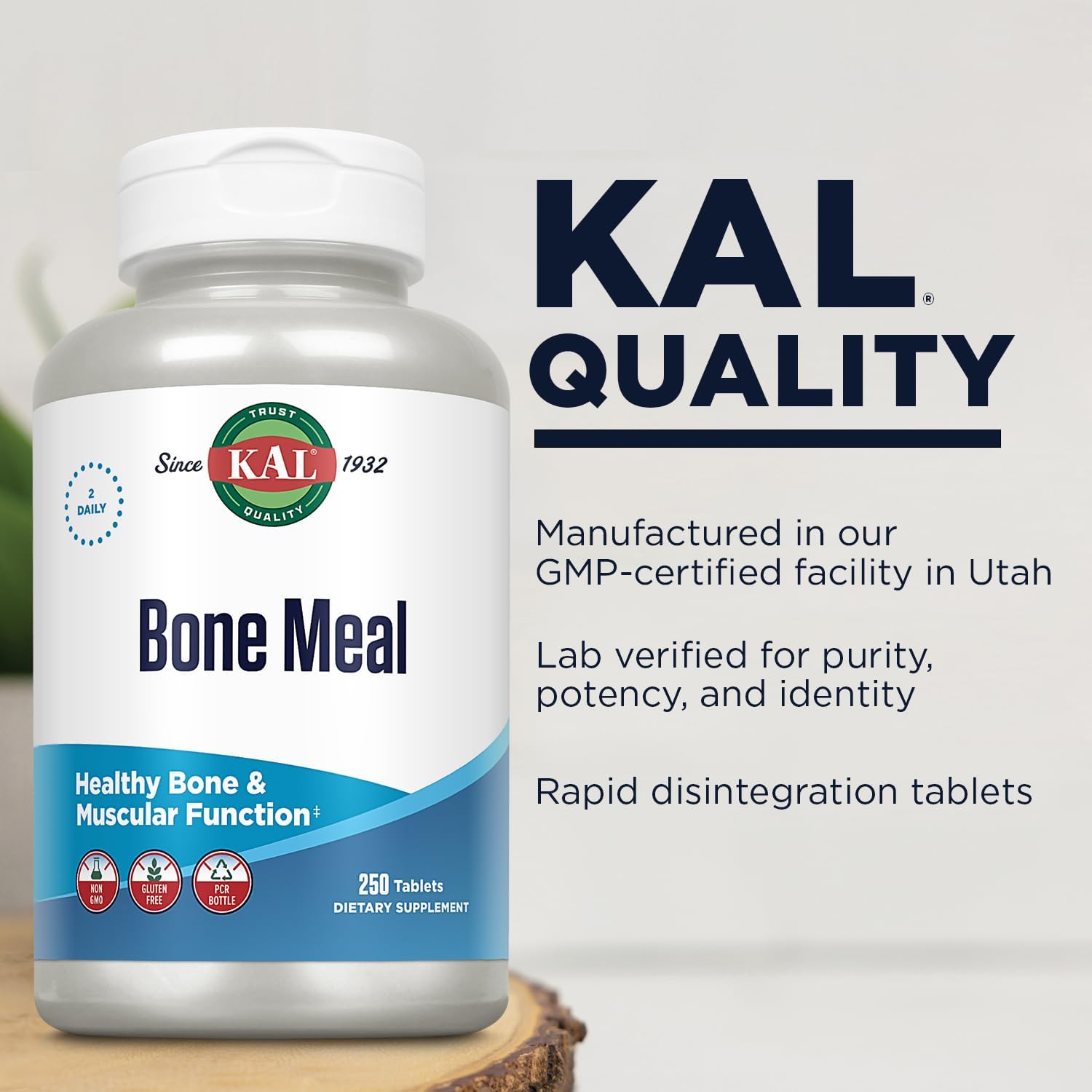 KAL Bone Meal Tablets, Calcium Supplement w/Magnesium, Vitamin D3 and K, Bone Health, Muscle and Nerve Function Support, Rapid Disintegration