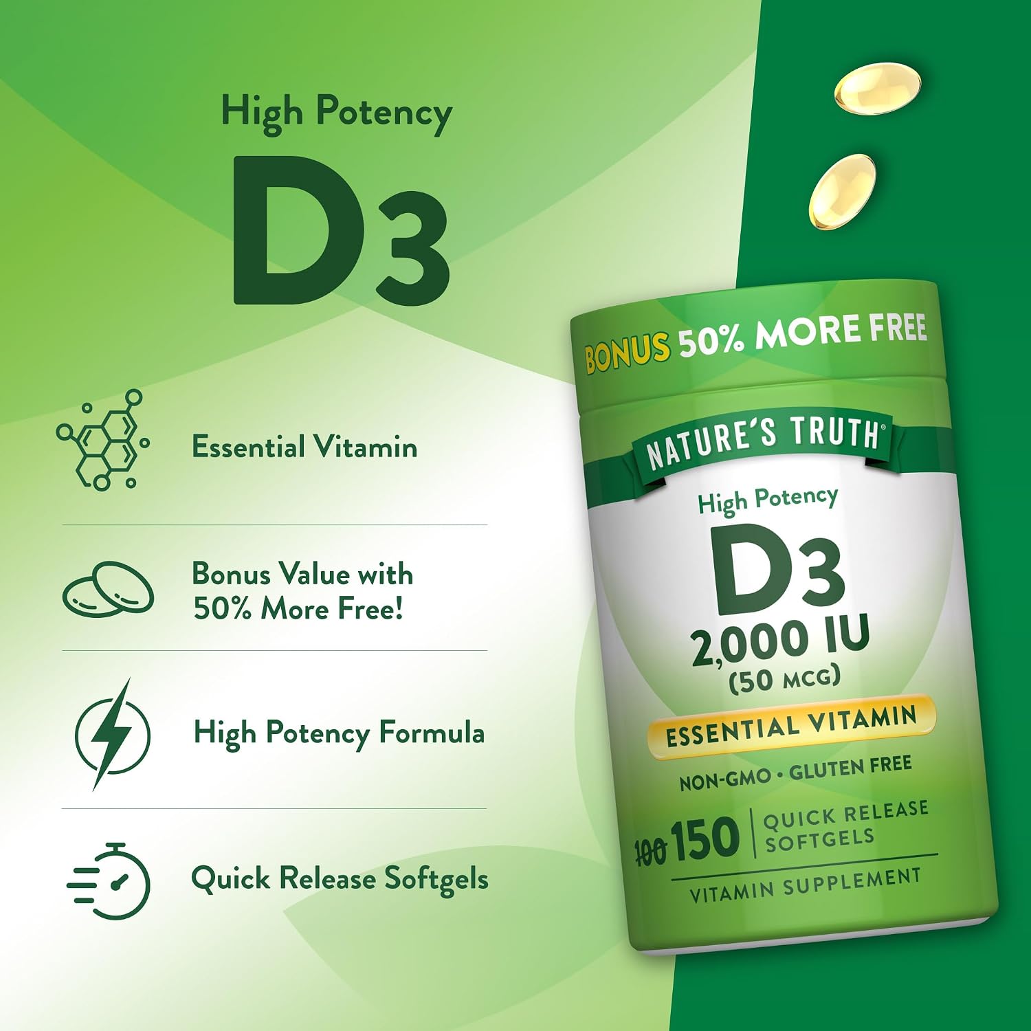 Nature's Truth Vitamin D3 2000 IU Softgels for Adults | 150 Count | High Potency | Non-GMO and Gluten Free Supplement | High Potency | Non-GMO and