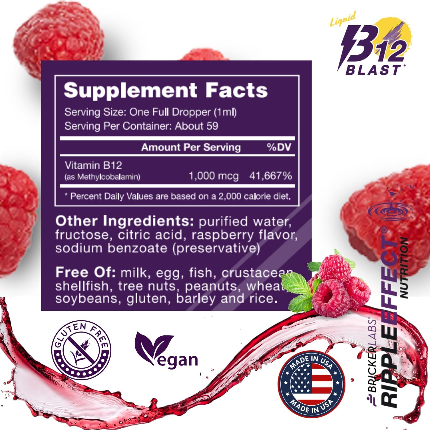 Bricker Labs B12 Blast Methylcobalamin 1000mcg, Great Tasting Sublingual Liquid Energy Vitamins -Vegan B12 Vitamins, Sustained Energy and Cellular Energy Supplement - 59-Day Servings
