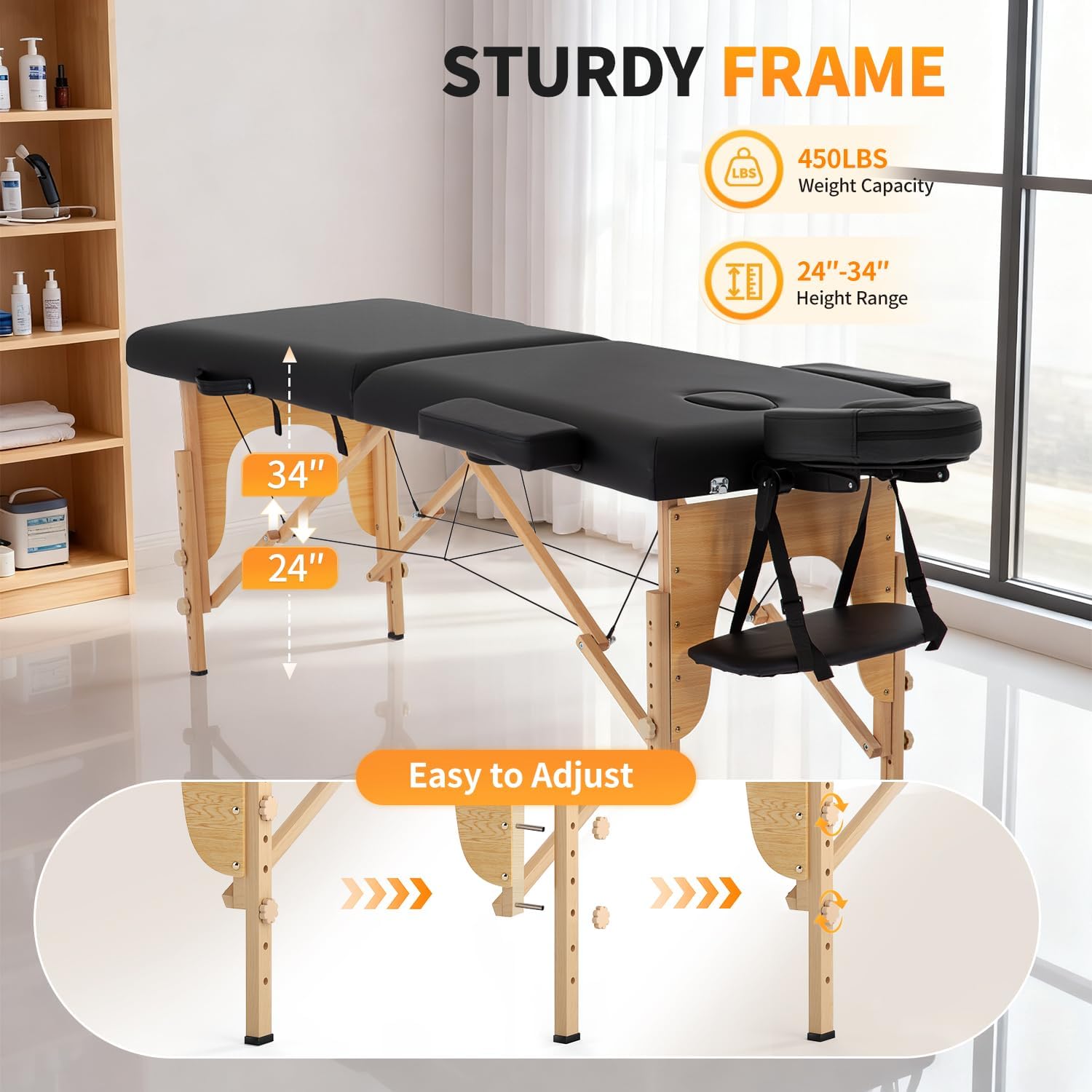 BestMassage | Portable Massage Table | 24" Wide, Black PU Leather | Lightweight, 2-Fold Massage Table with Height Adjustment, 450lbs Capacity, Carry Bag | For Massage, Facial, Tattoo, Home, Spa
