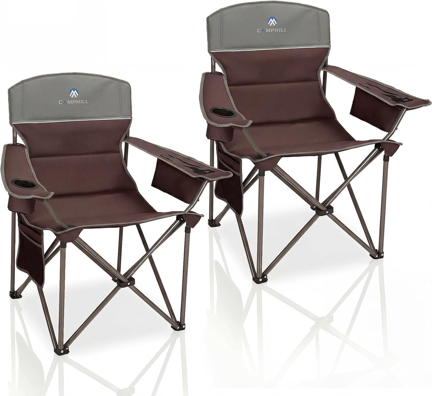 Oversized Camping Chairs 2 Pack - Heavy Duty 400LBS Padded Lawn Chair with Cooler Bag,Cup Holder,Side Pocket,Collapsible for Outdoor,Camp,Fishing & Garden,Dark Green