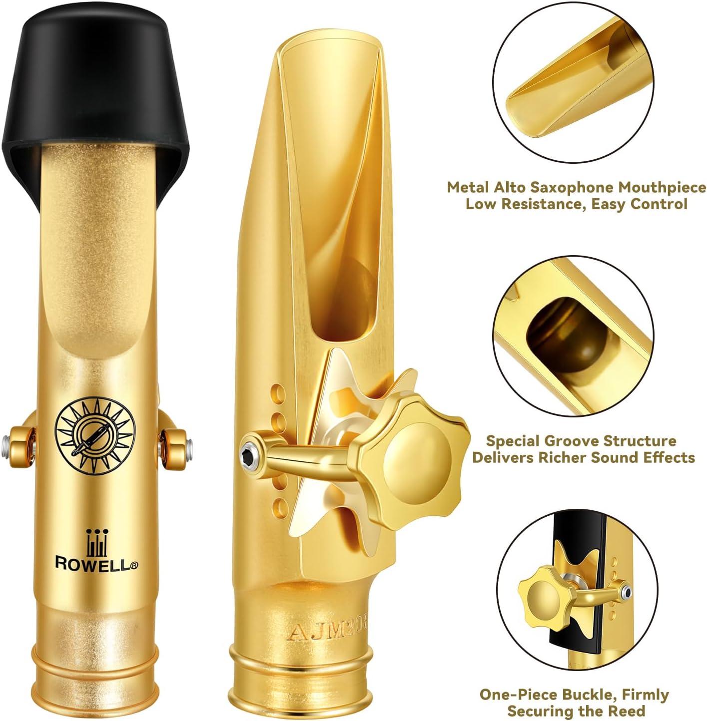 ROWELL Alto Saxophone Metal Mouthpiece Jazz Sax Mouthpiece- 5-Level Adjustable Ligature & Protective Cap Rich Full Tone -Ideal for Jazz, Bebop
