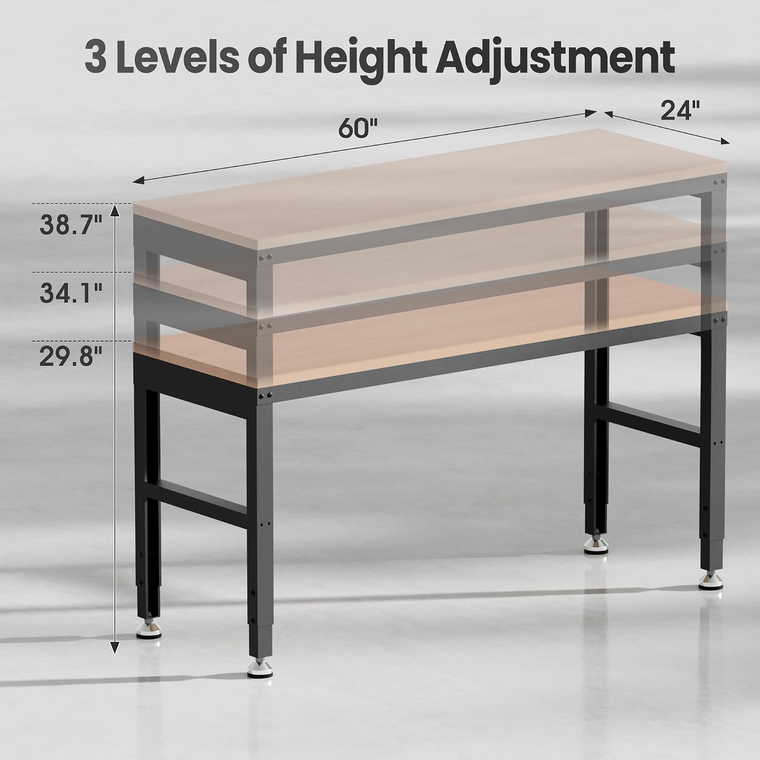 Antifir 60" Adjustable Workbench, Heavy Duty Wood Workstation | Garage Workbench, 2000 LBS Load Capacity, Work Table with Power Outlet and Foot Pads for Commercial, Workshop, Office, Home