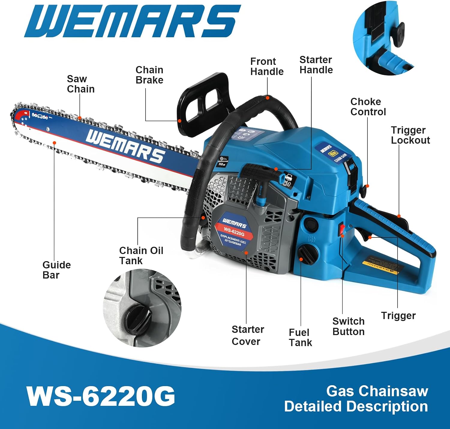 2-cycle 63CC Chainsaw Saw Gas Powered 20" Chain Saws Cordless Petrol Saw Handheld Chainsaw for Cutting Wood Trees Branches (63ACK)