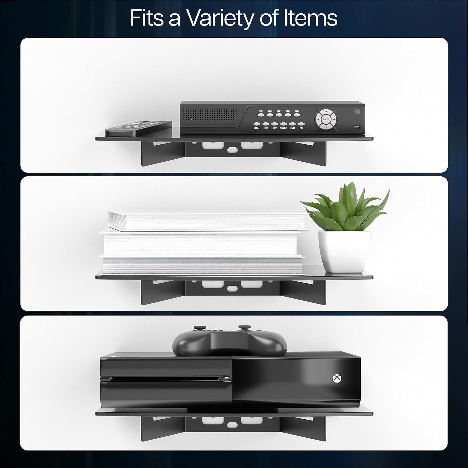 VIVO Floating Wall Mount Tempered Glass Shelf for DVD Player, Audio, Gaming System, Streaming Devices, Black, MOUNT-SF011