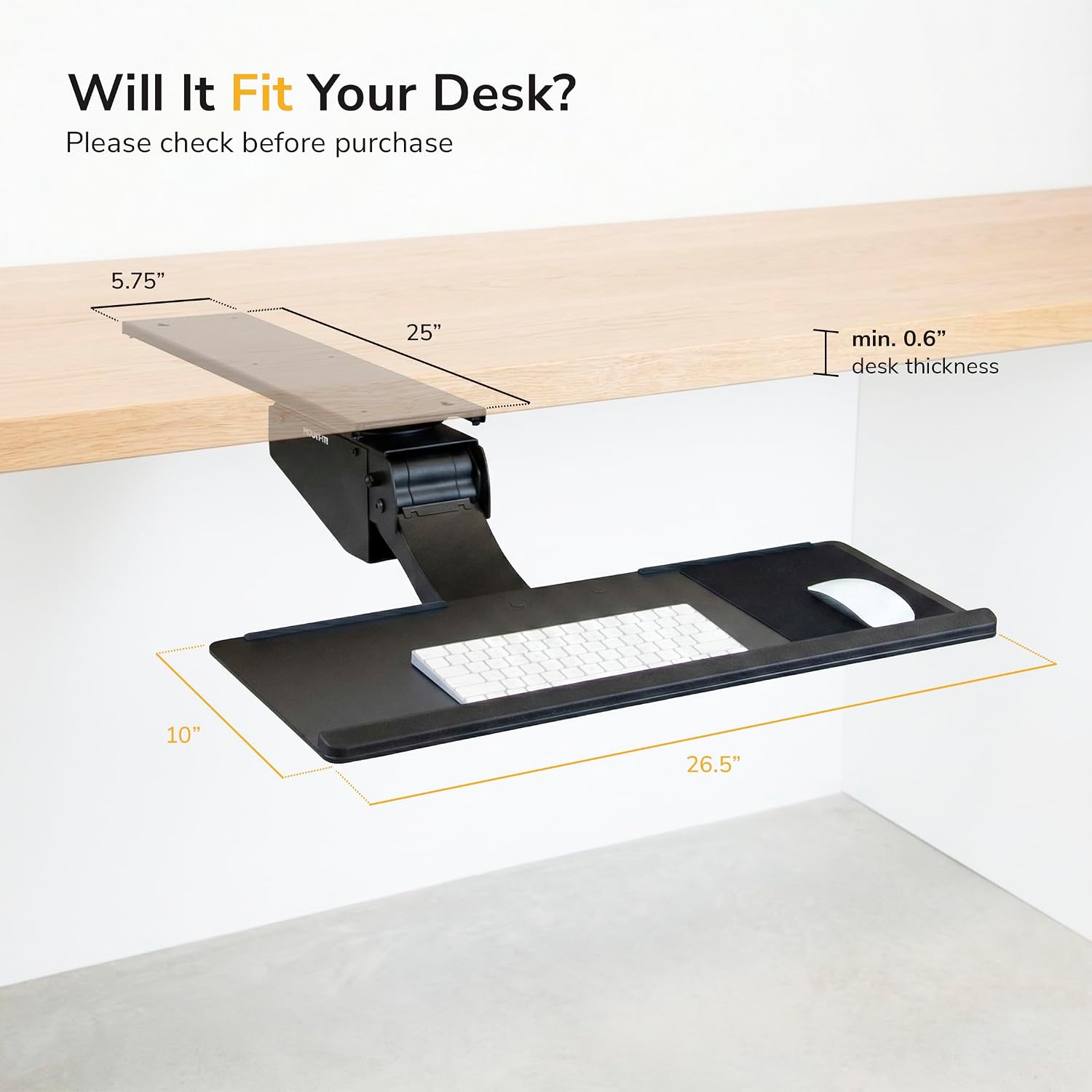 Mount-It! Under Desk Keyboard Tray, Adjustable Slide-Out Keyboard & Mouse Platform, 26.5" W × 10" D, Ergonomic Wrist Rest, Height Tilt & Swivel
