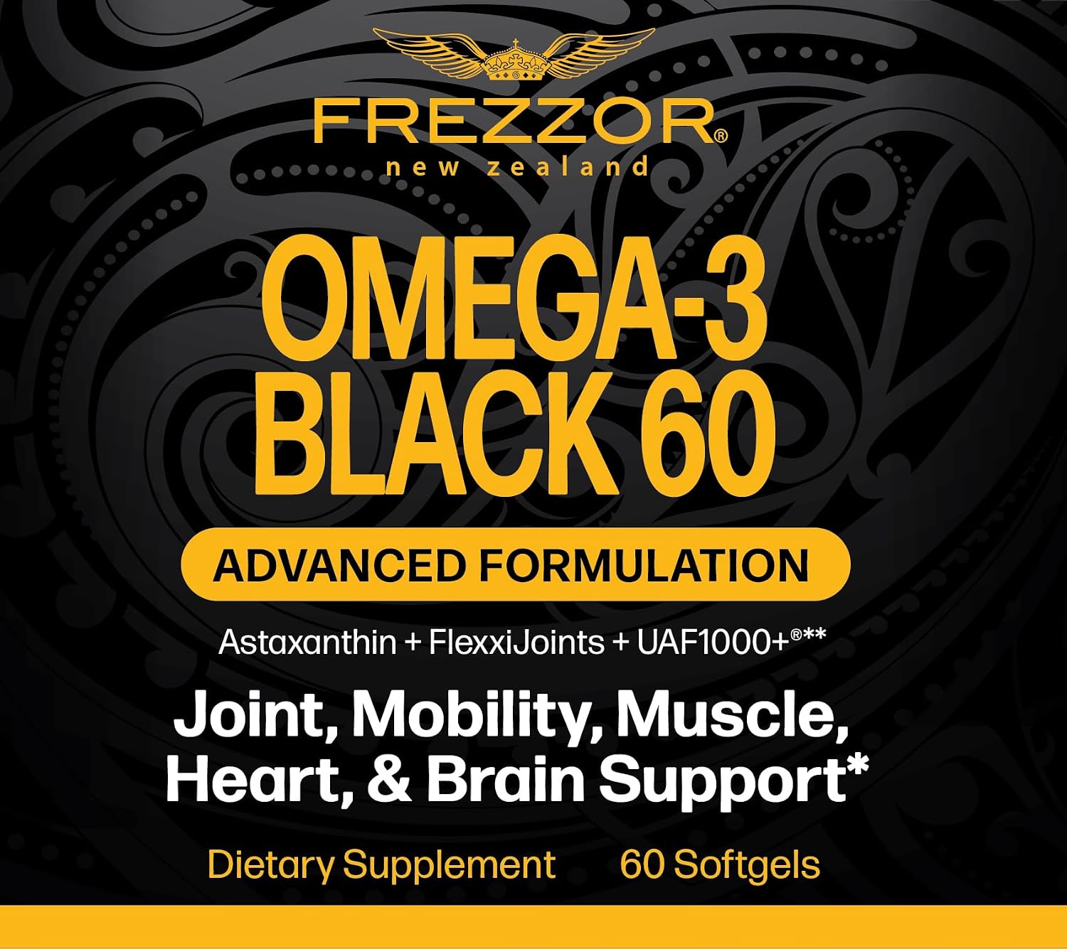 FREZZOR Omega 3 Black for Joint Care & Comfort - New Zealand Green Lipped Mussel Oil Capsules, 53x Higher Potency with UAF1000+ Super Antioxidant