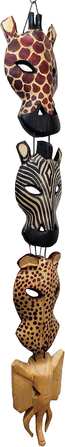 African Masks Wall Hanging Art Hand Carving Safari Décor Wall Head Sculpture Wild Animal Faces Strung Together For A Majestic Display (4A Face)