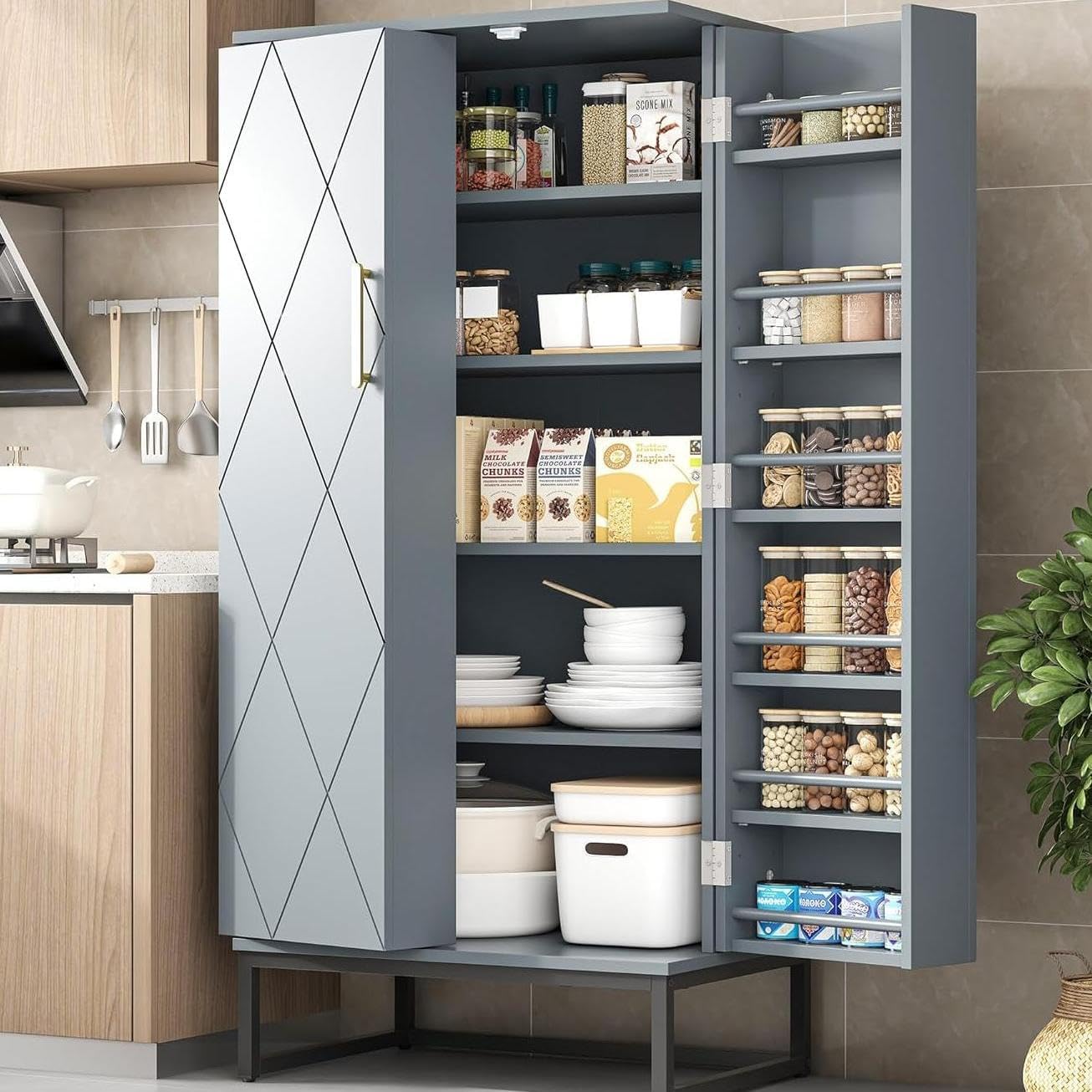 kepptory 47” Pantry Cabinet, Kitchen Pantry Storage Cabinet with Doors and Adjustable Shelves,Freestanding Buffet Cupboards Sideboard for Living Room and Dinning Room (White)