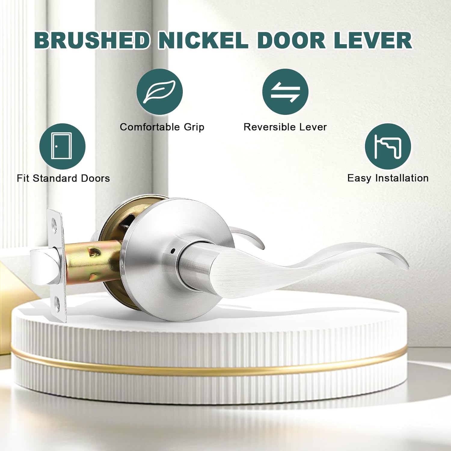 GOBEKOR 1 Pack Privacy Door Levers Brushed Nickel Lever Door Handles Interior for Bedroom and Bathroom Door Locks Wave Door Handles