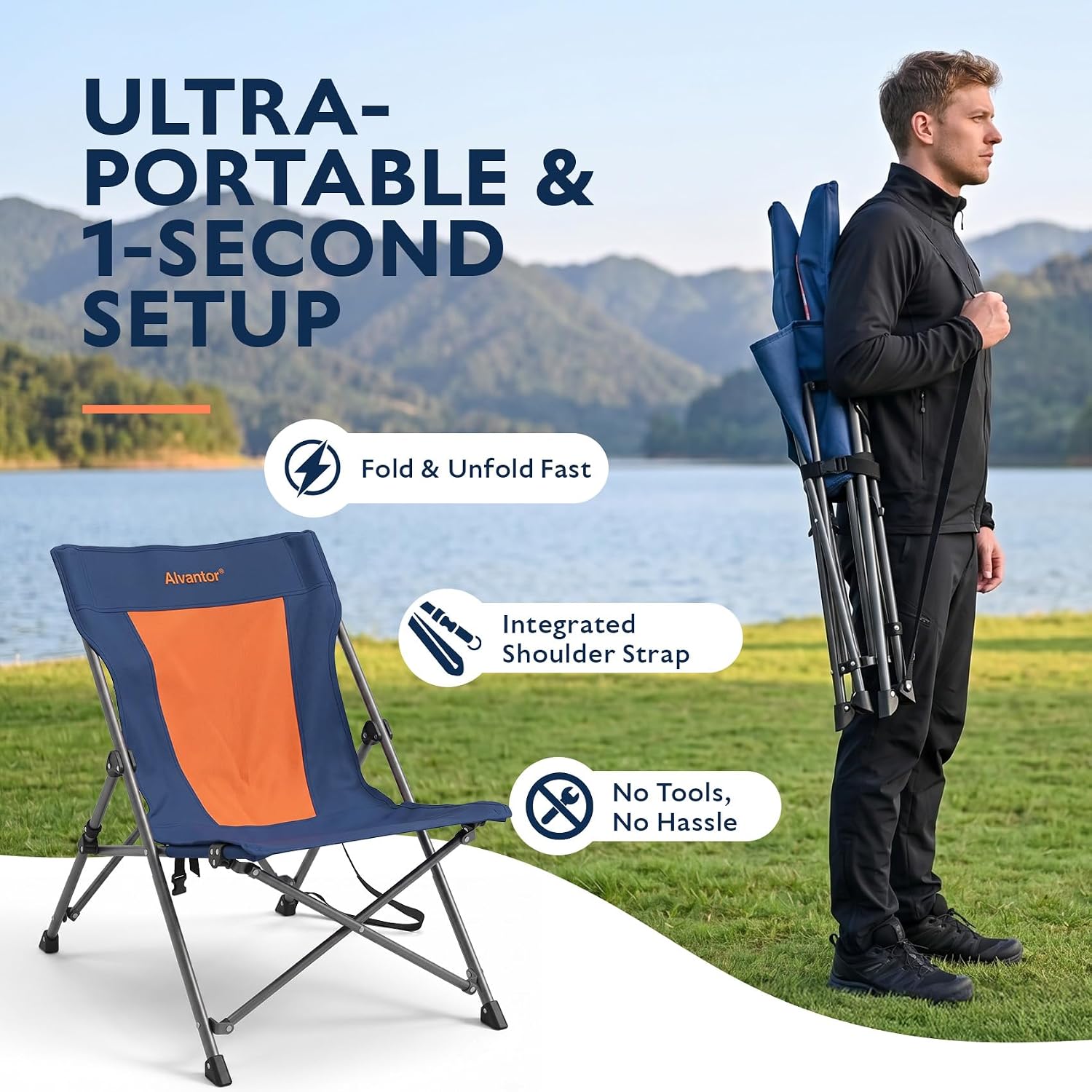 Alvantor® Camping Chair, Full Mesh Folding Beach Chair Breathable High Back Portable Lawn Chair for Outdoor, Armrest, Cup Holder, Easy Use Seat for Travel, Fishing, Pinic, Sports Event, 24"x31"x38"