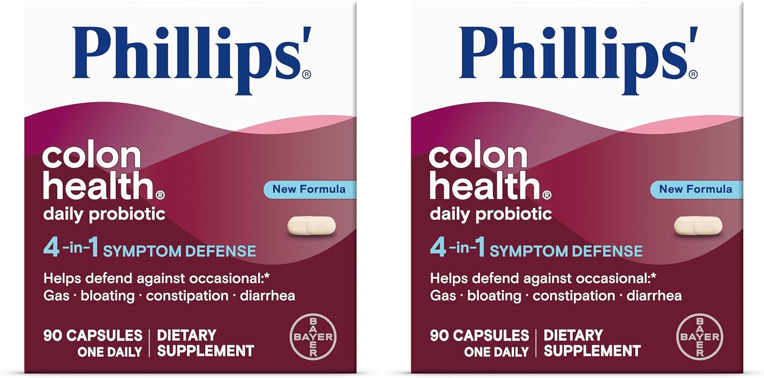 Phillips' Colon Health Daily Probiotic Capsules, 4-in-1 Symptom Defense to Help Defend Against Occasional Gas, Bloating, Constipation, and Diarrhea, Daily Supplement, 90 Count