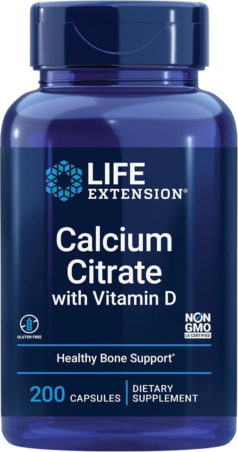 Life Extension Calcium Citrate with Vitamin D, 200 Capsules | Super-Absorbable Calcium for Optimal Bone Health, Gluten-Free & Non-GMO