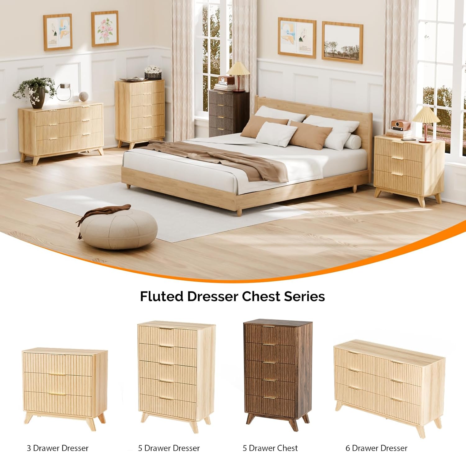 VINGLI Fluted Tall Dresser 5 Drawer, 23.66" W Chest of Drawers Gray Wood Dresser with Rounded Edges, Grey Dressers for Bedroom