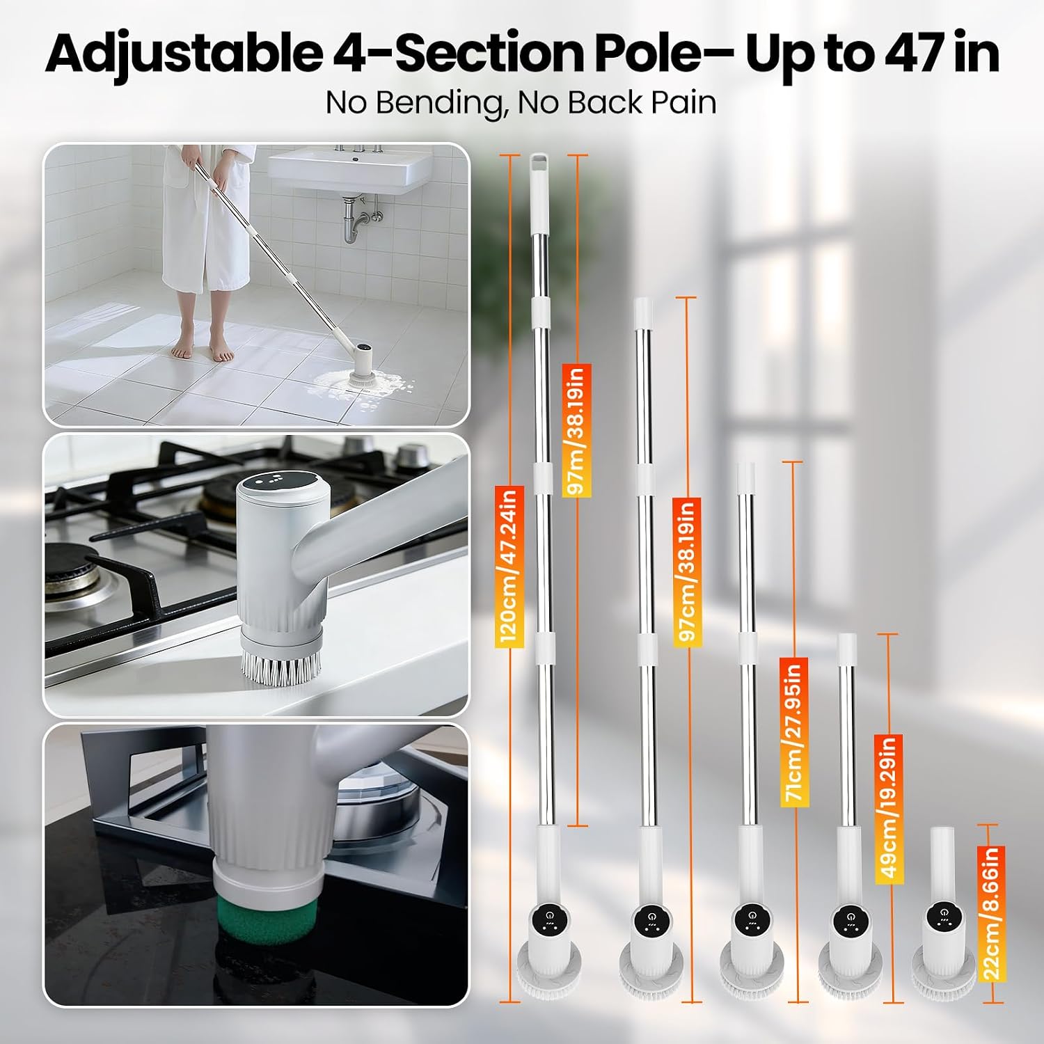 Electric Spin Scrubber – 5-Hour Battery, 6 Brush Heads, No Bending with 47" Extendable Handle