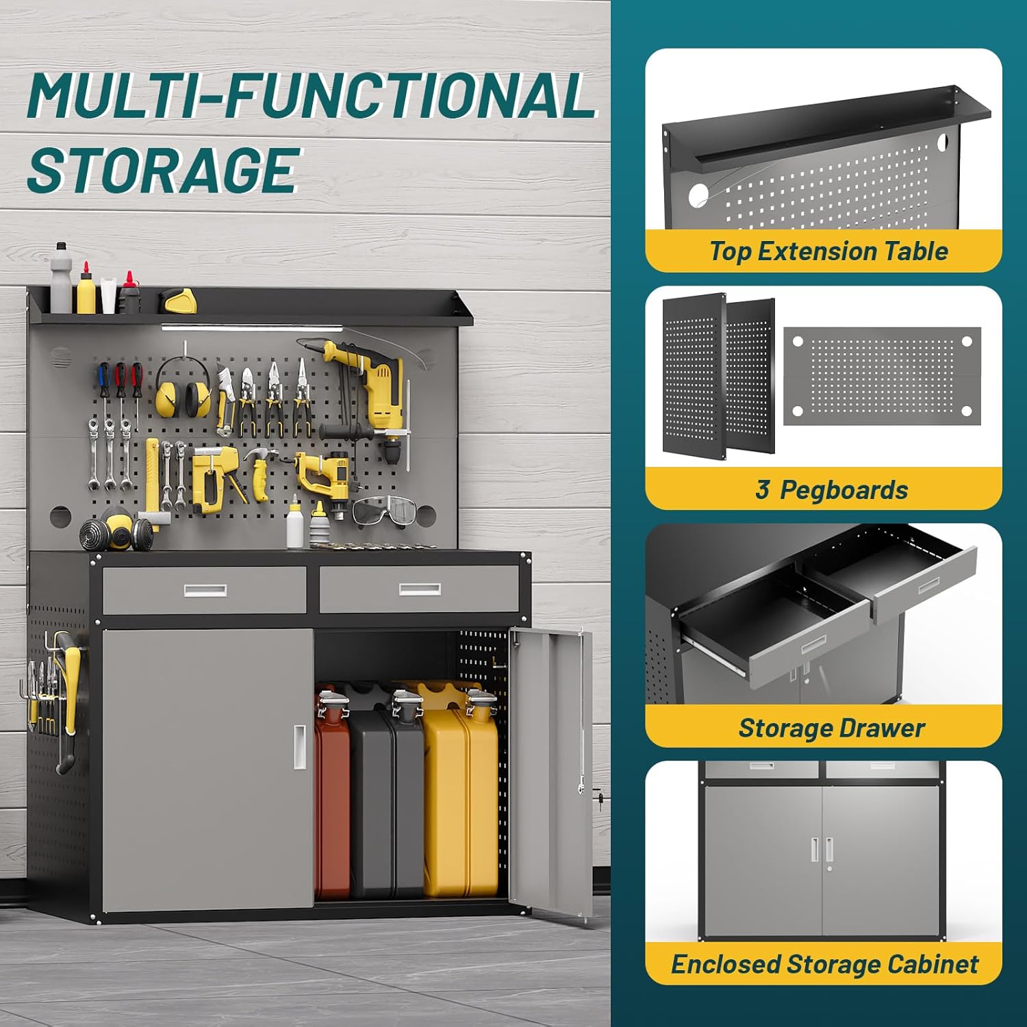 48" Heavy Duty Workbench with Drawers and Lockable Storage Cabinet- 2500 LBS Capacity Work Bench with Pegboard