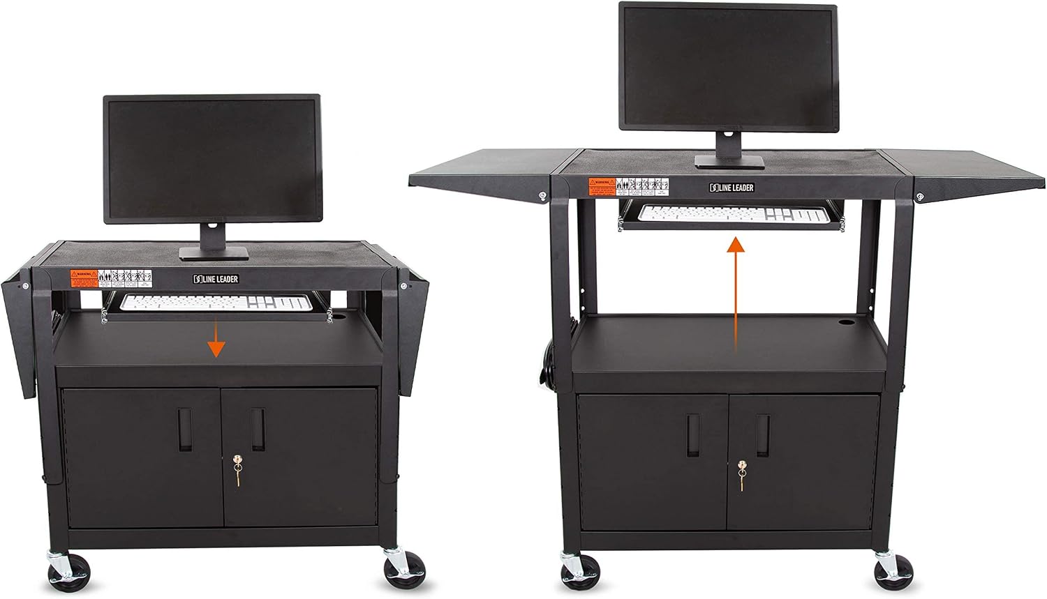Line Leader AV Cart w/Locking Cabinet, Black Metal Utility Cart with Storage Shelf - Height Adjustable, Mobile and Great for Offices, Classrooms, Libraries (Black, 24in x 18in)